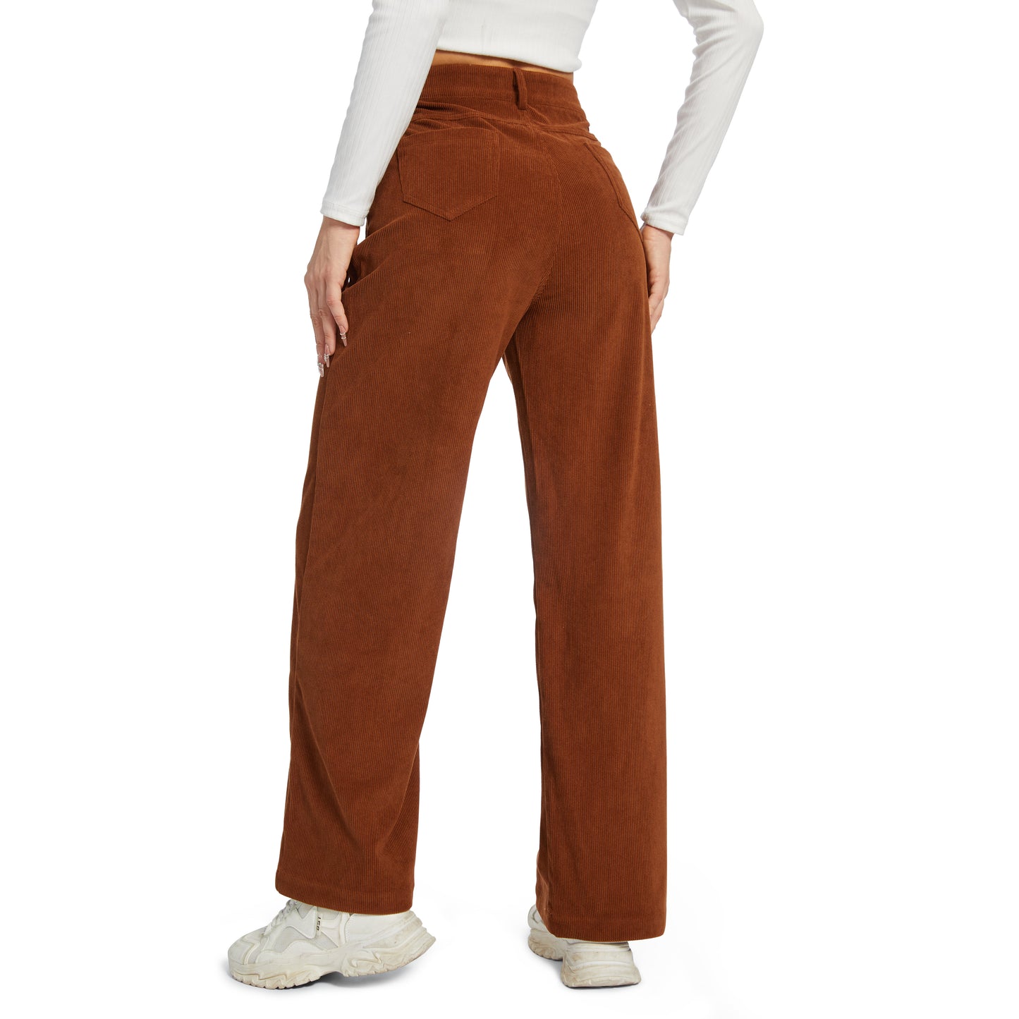 Office Pants Elastic High Waist Women's Corduroy Pants with Pockets