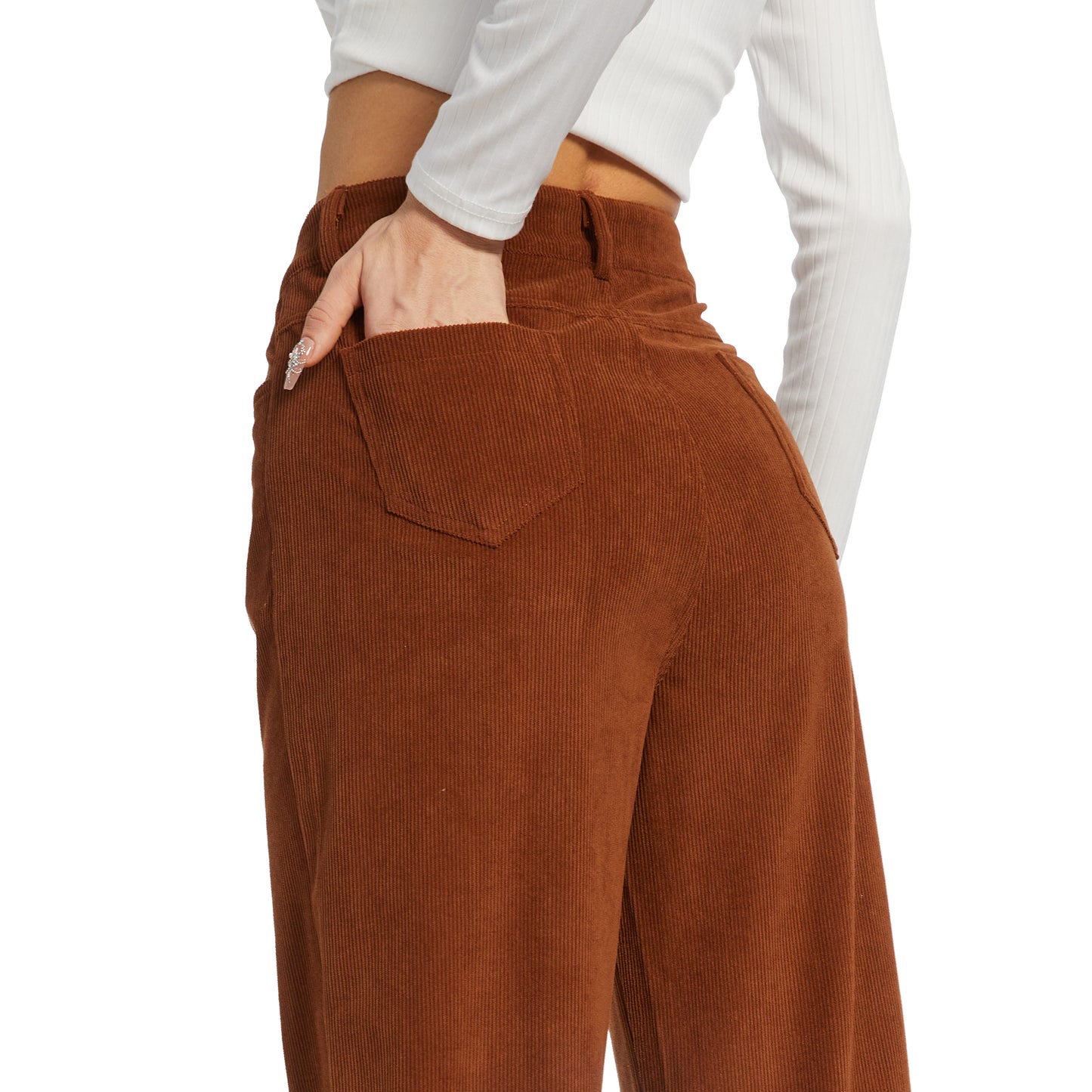 Office Pants Elastic High Waist Women's Corduroy Pants with Pockets