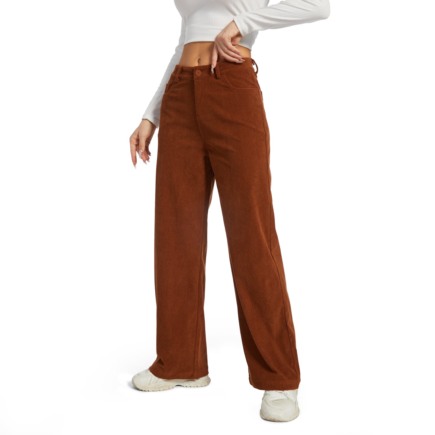 Office Pants Elastic High Waist Women's Corduroy Pants with Pockets