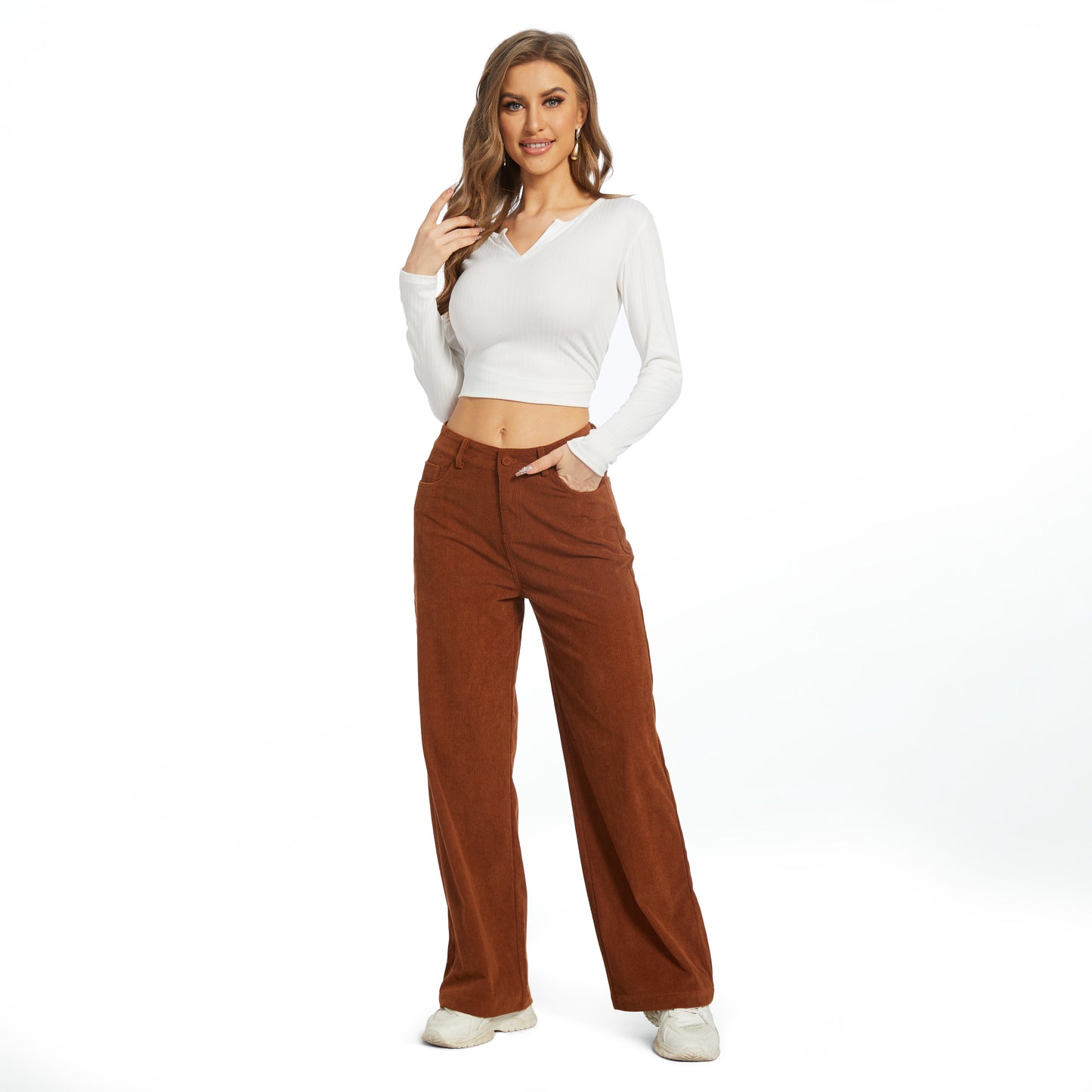 Office Pants Elastic High Waist Women's Corduroy Pants with Pockets