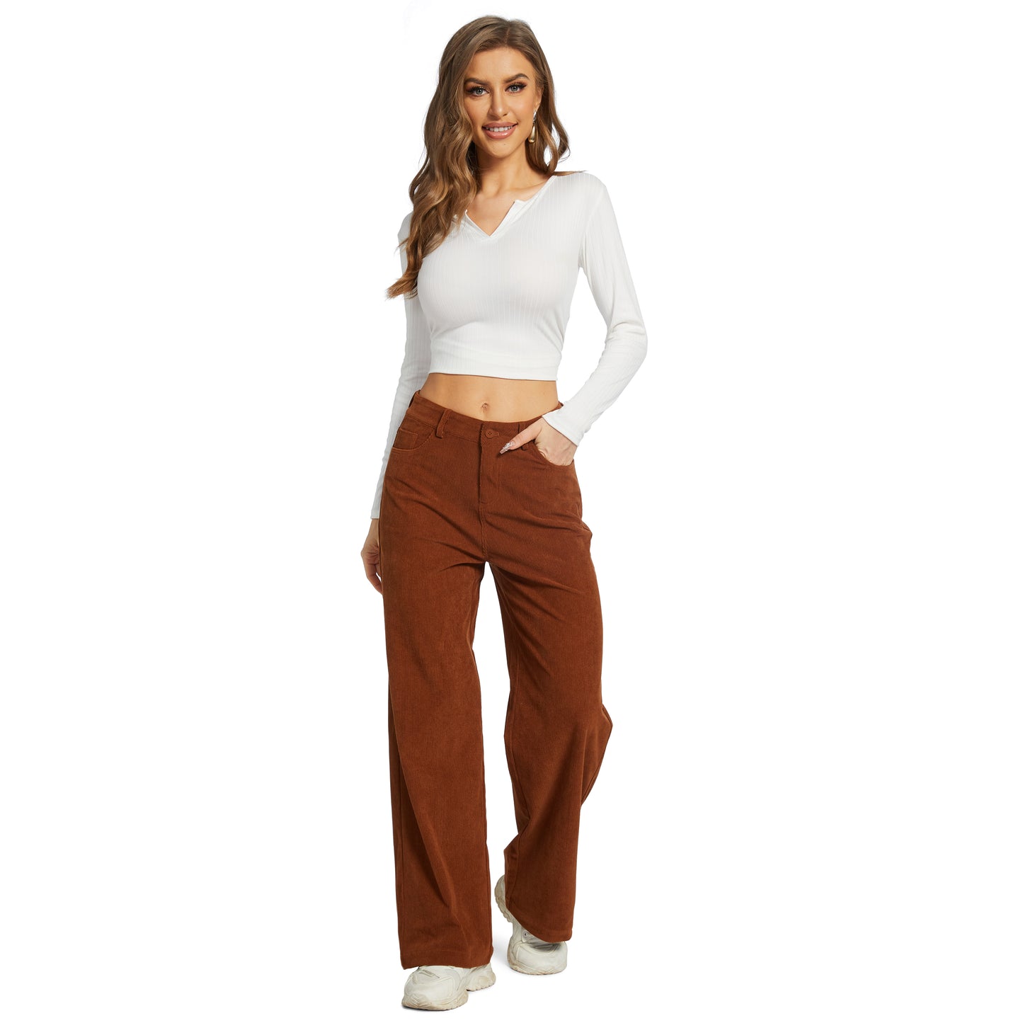 Office Pants Elastic High Waist Women's Corduroy Pants with Pockets