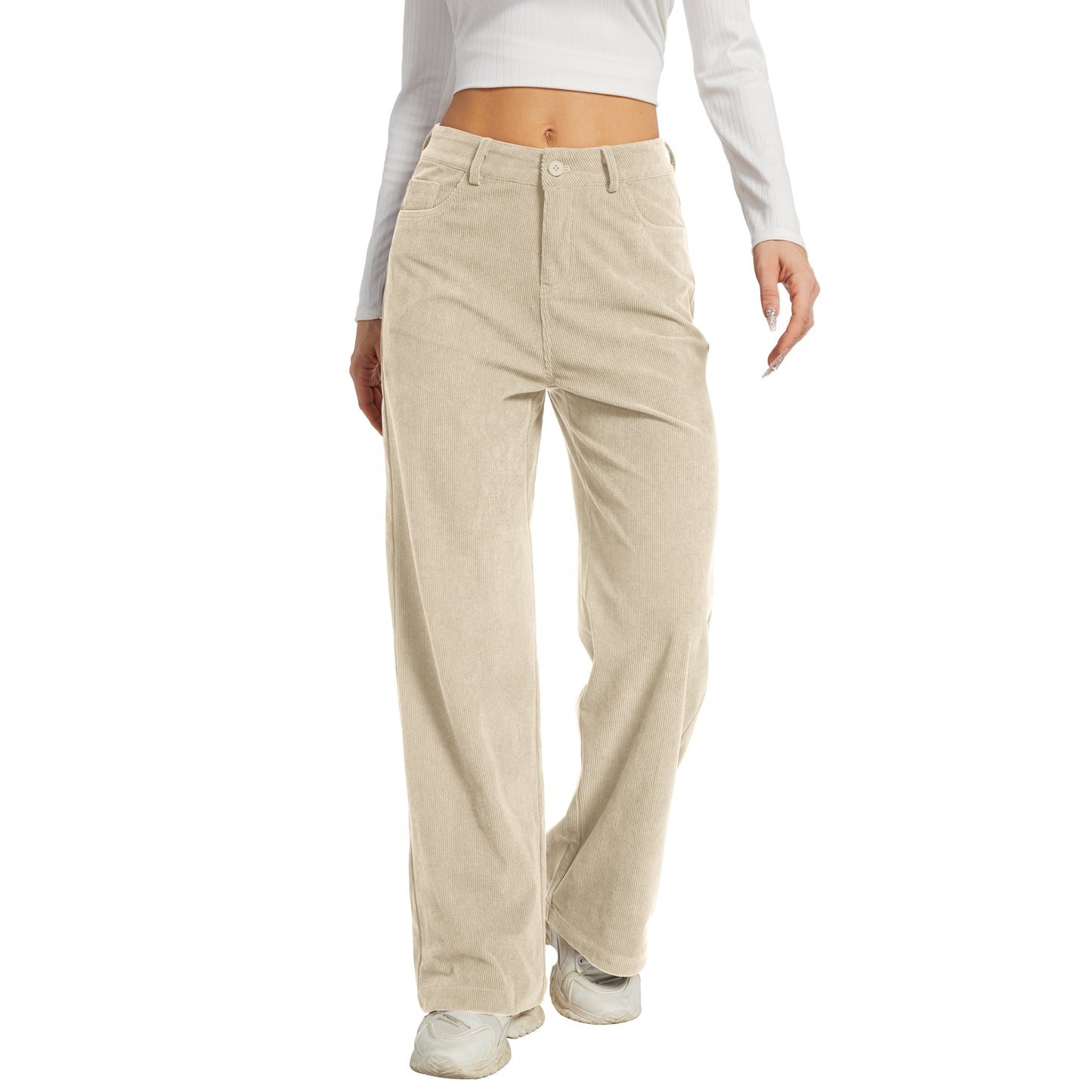 Office Pants Elastic High Waist Women's Corduroy Pants with Pockets