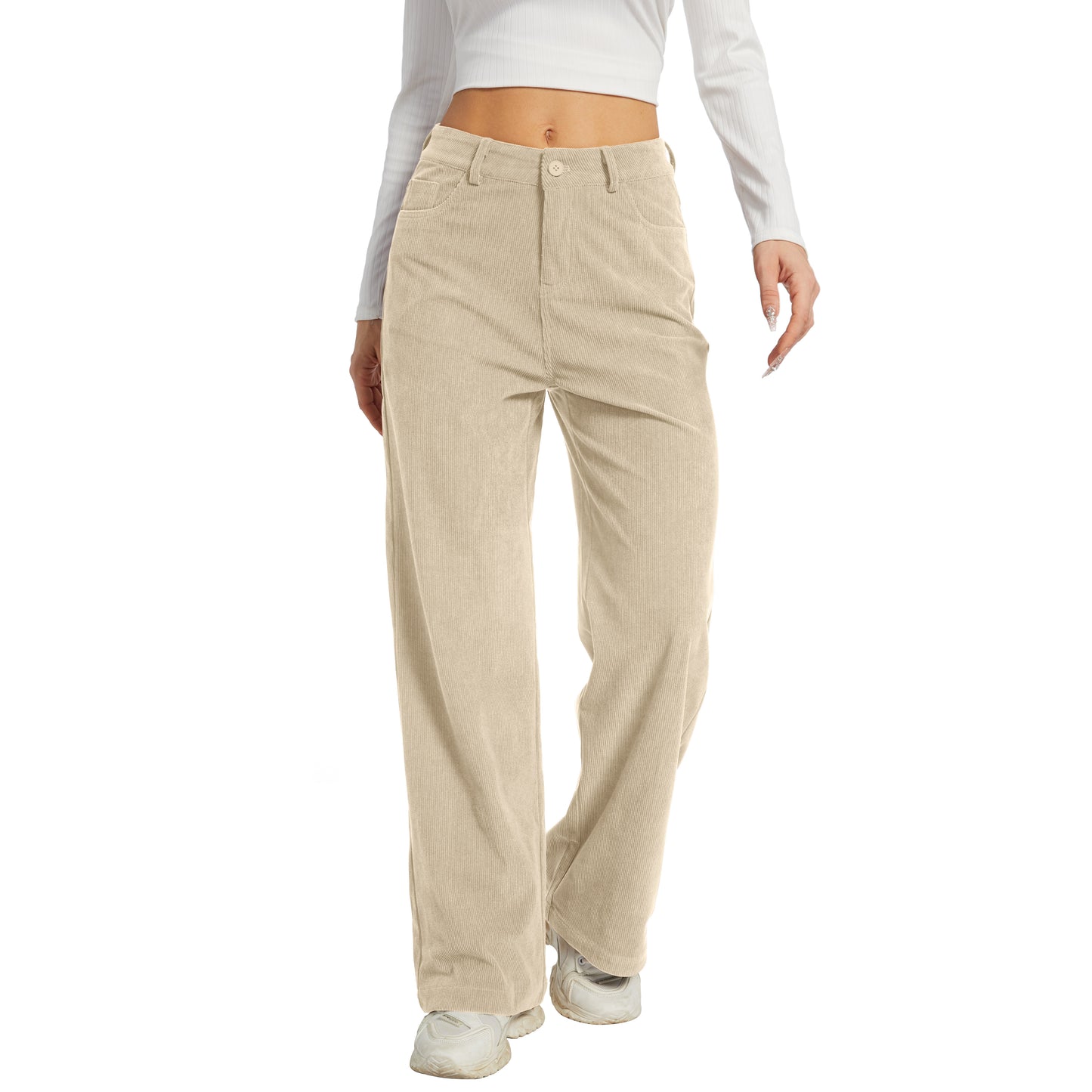 Office Pants Elastic High Waist Women's Corduroy Pants with Pockets