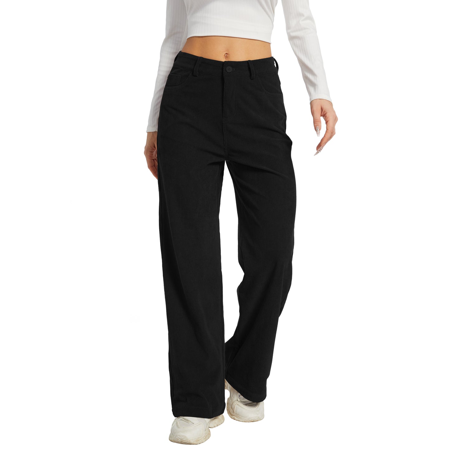 Office Pants Elastic High Waist Women's Corduroy Pants with Pockets