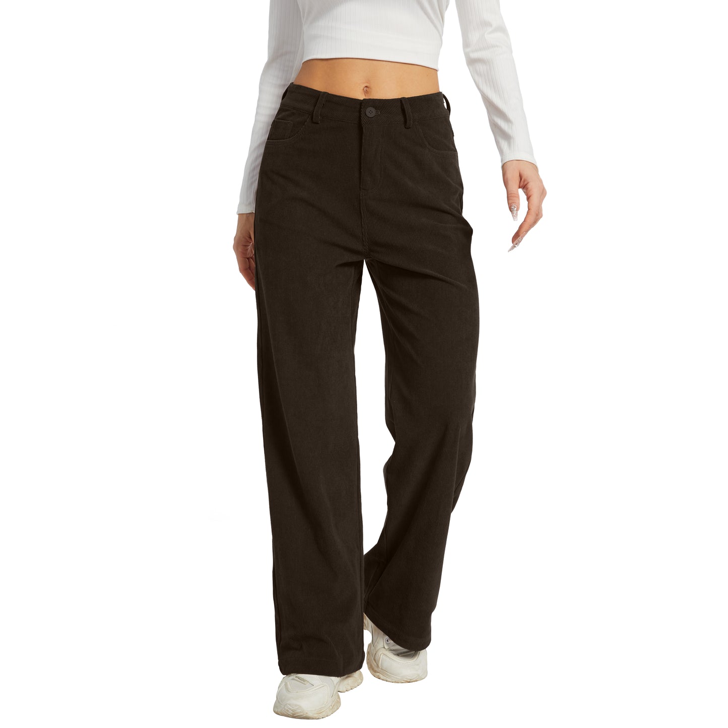 Office Pants Elastic High Waist Women's Corduroy Pants with Pockets