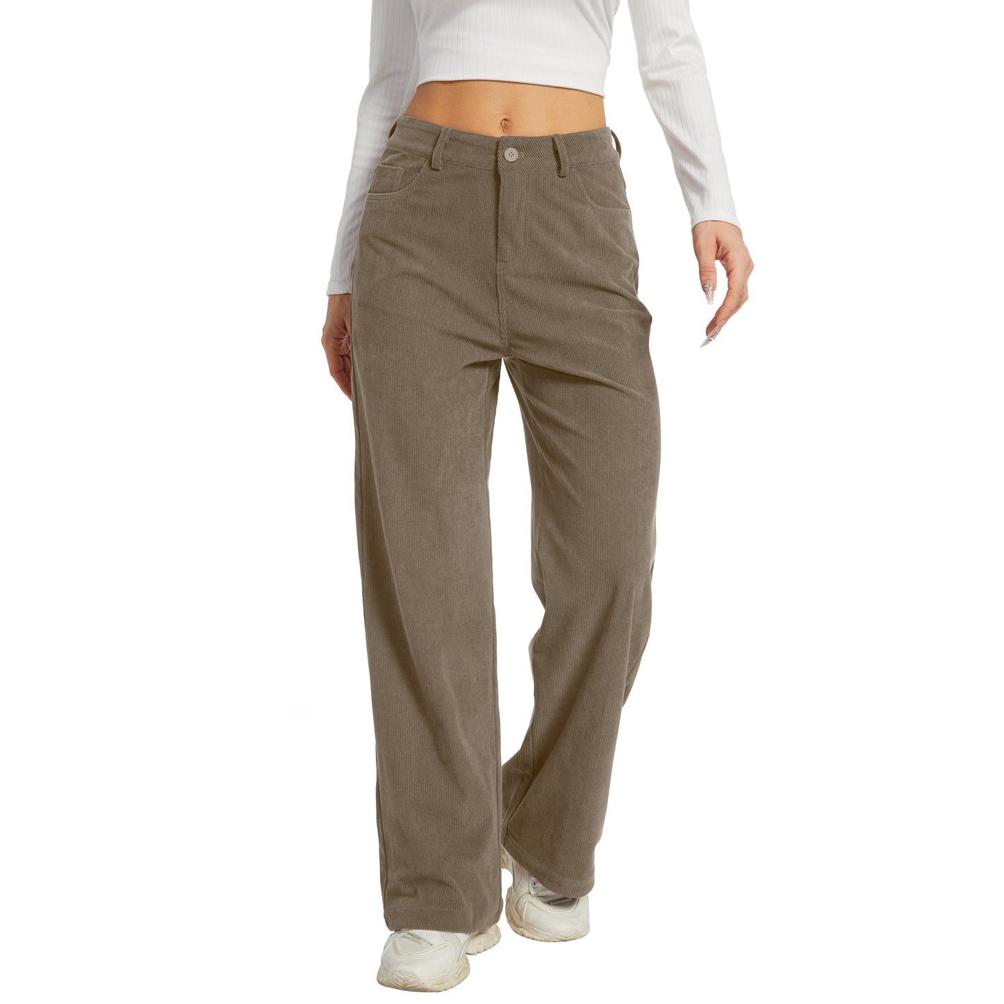 Office Pants Elastic High Waist Women's Corduroy Pants with Pockets