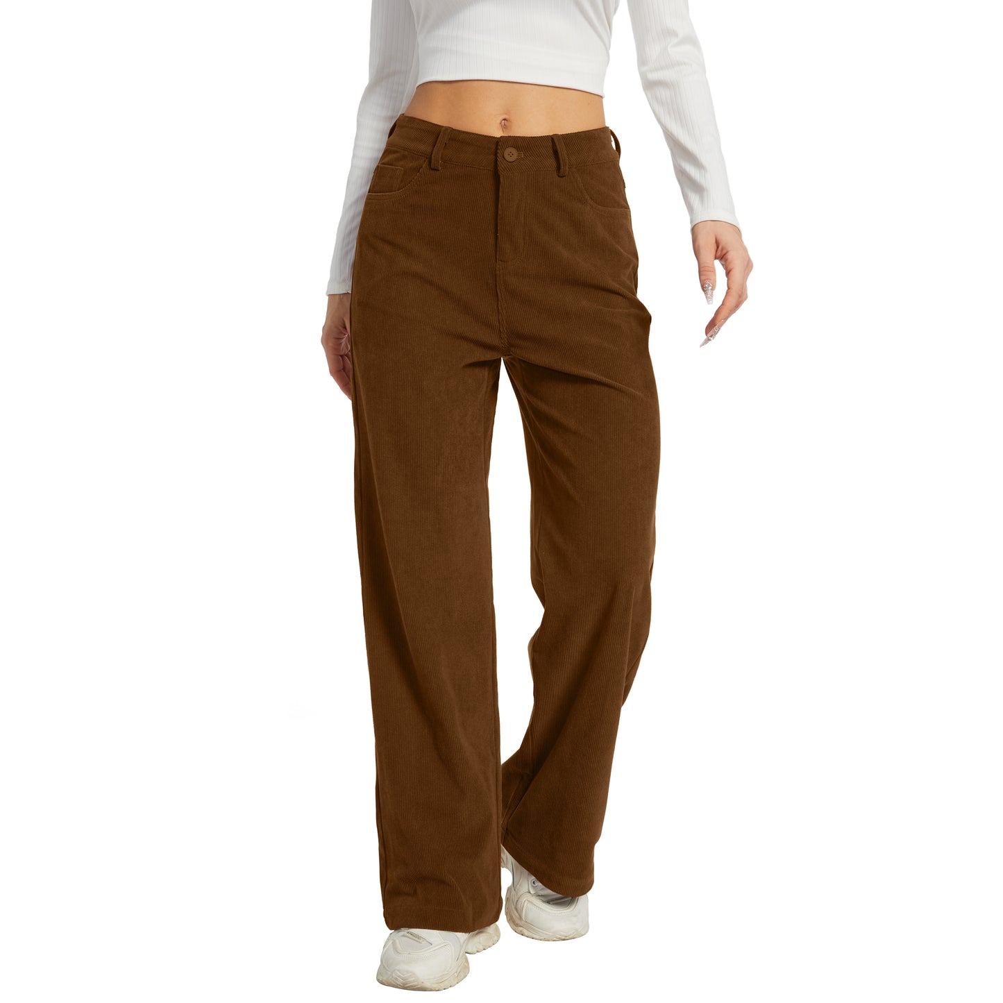 Office Pants Elastic High Waist Women's Corduroy Pants with Pockets