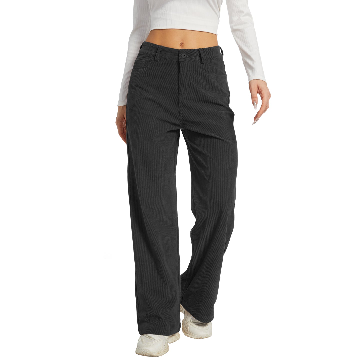 Office Pants Elastic High Waist Women's Corduroy Pants with Pockets
