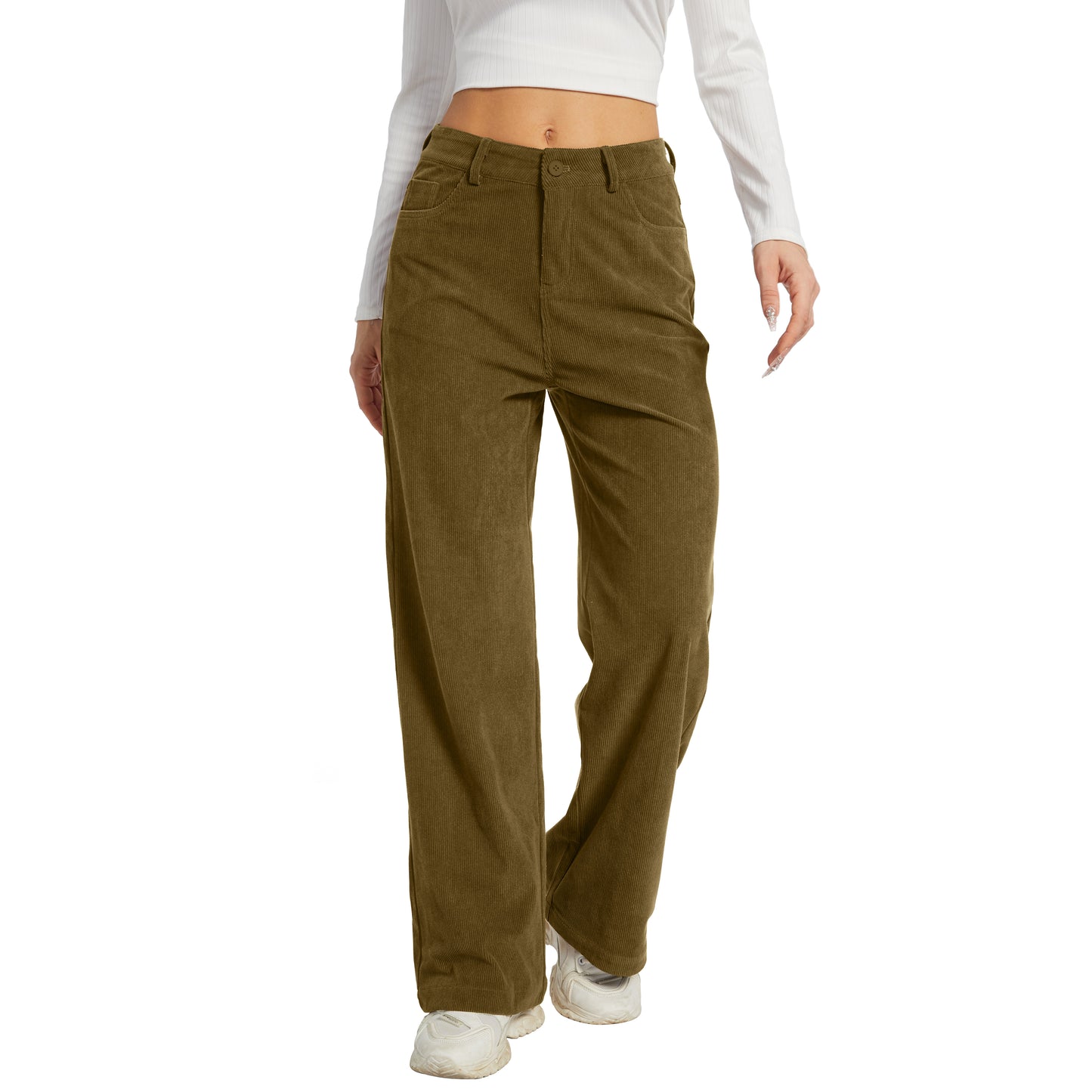 Office Pants Elastic High Waist Women's Corduroy Pants with Pockets