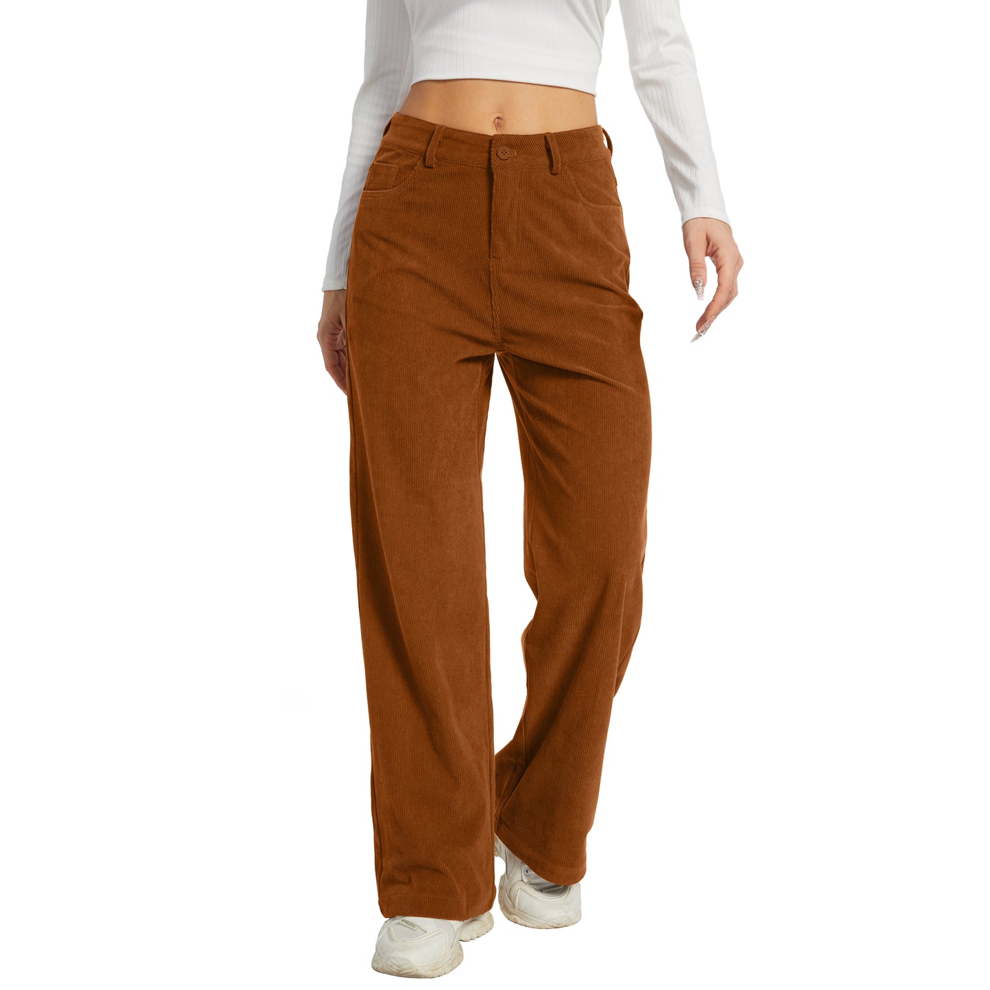 Office Pants Elastic High Waist Women's Corduroy Pants with Pockets