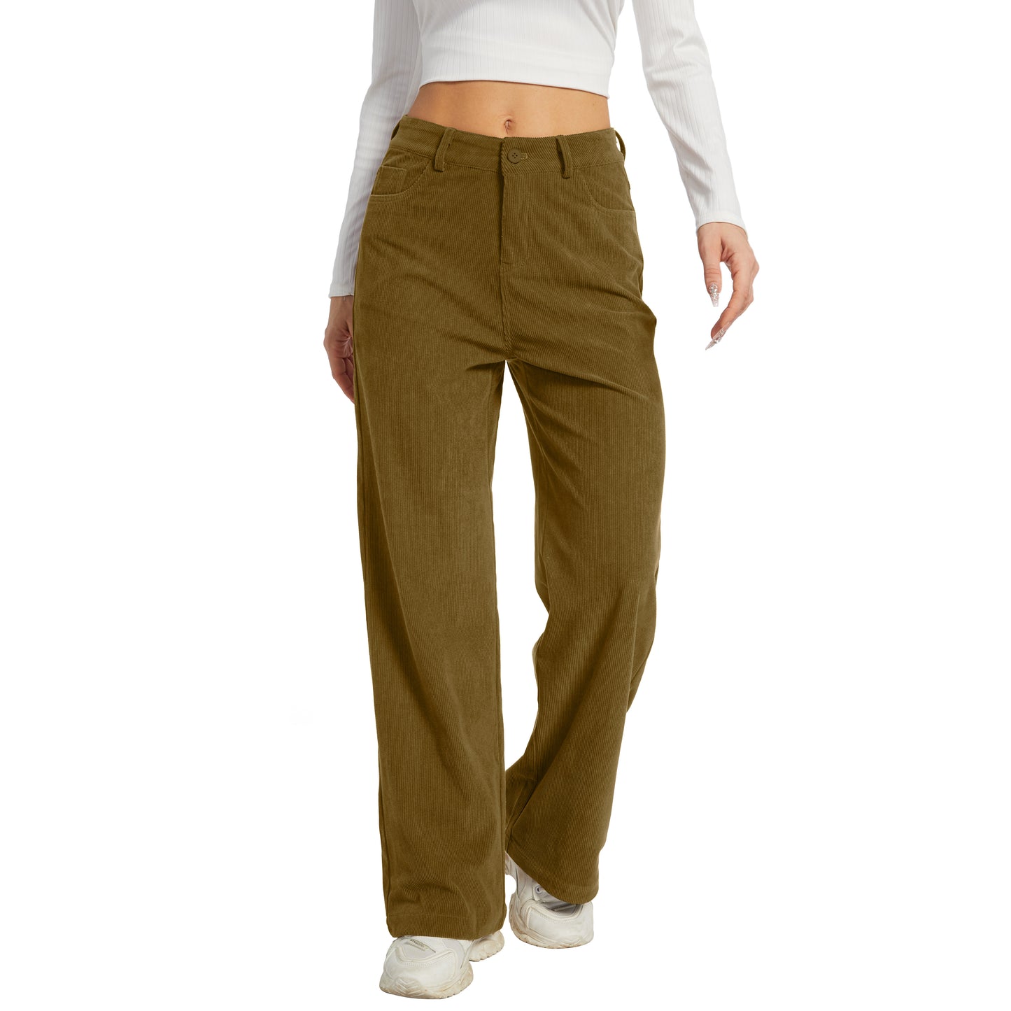 Office Pants Elastic High Waist Women's Corduroy Pants with Pockets