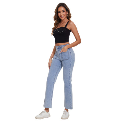 Women Casual Outfit Denim Pants Stretchy Straight Leg Ankle Jeans