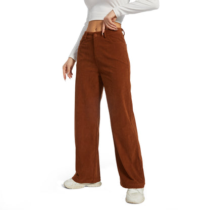 Office Pants Elastic High Waist Women's Corduroy Pants with Pockets