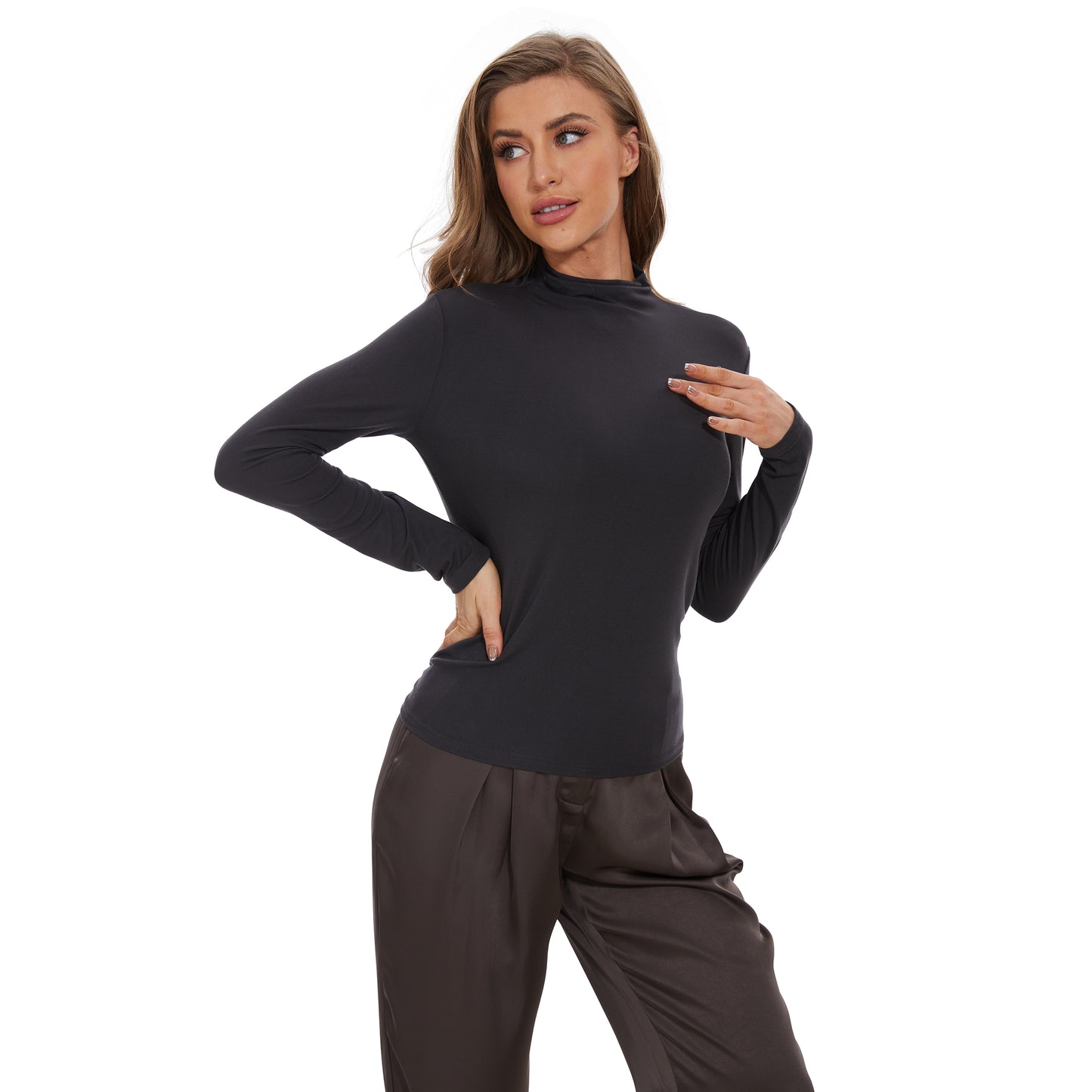 Women Plain T-Shirts Classic-Fit Long-Sleeve Crew neck Tops