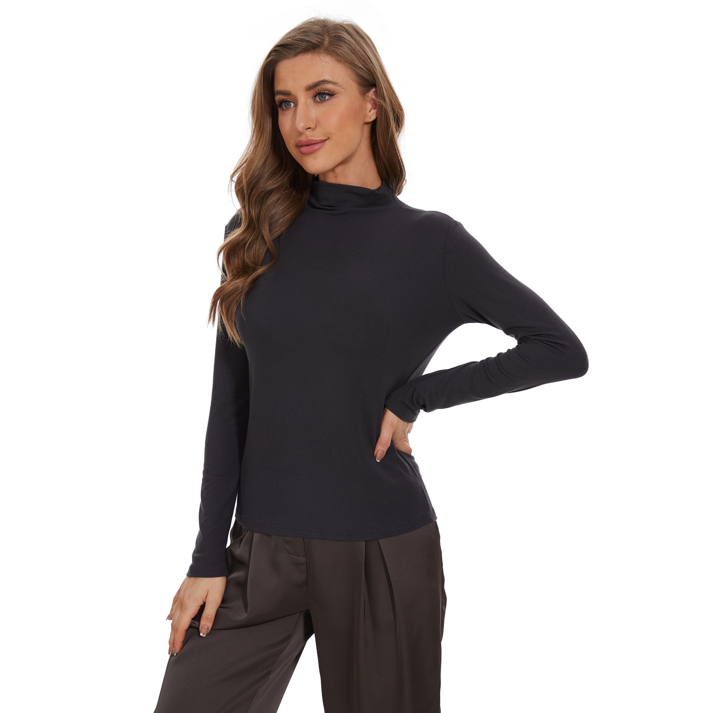 Women Plain T-Shirts Classic-Fit Long-Sleeve Crew neck Tops