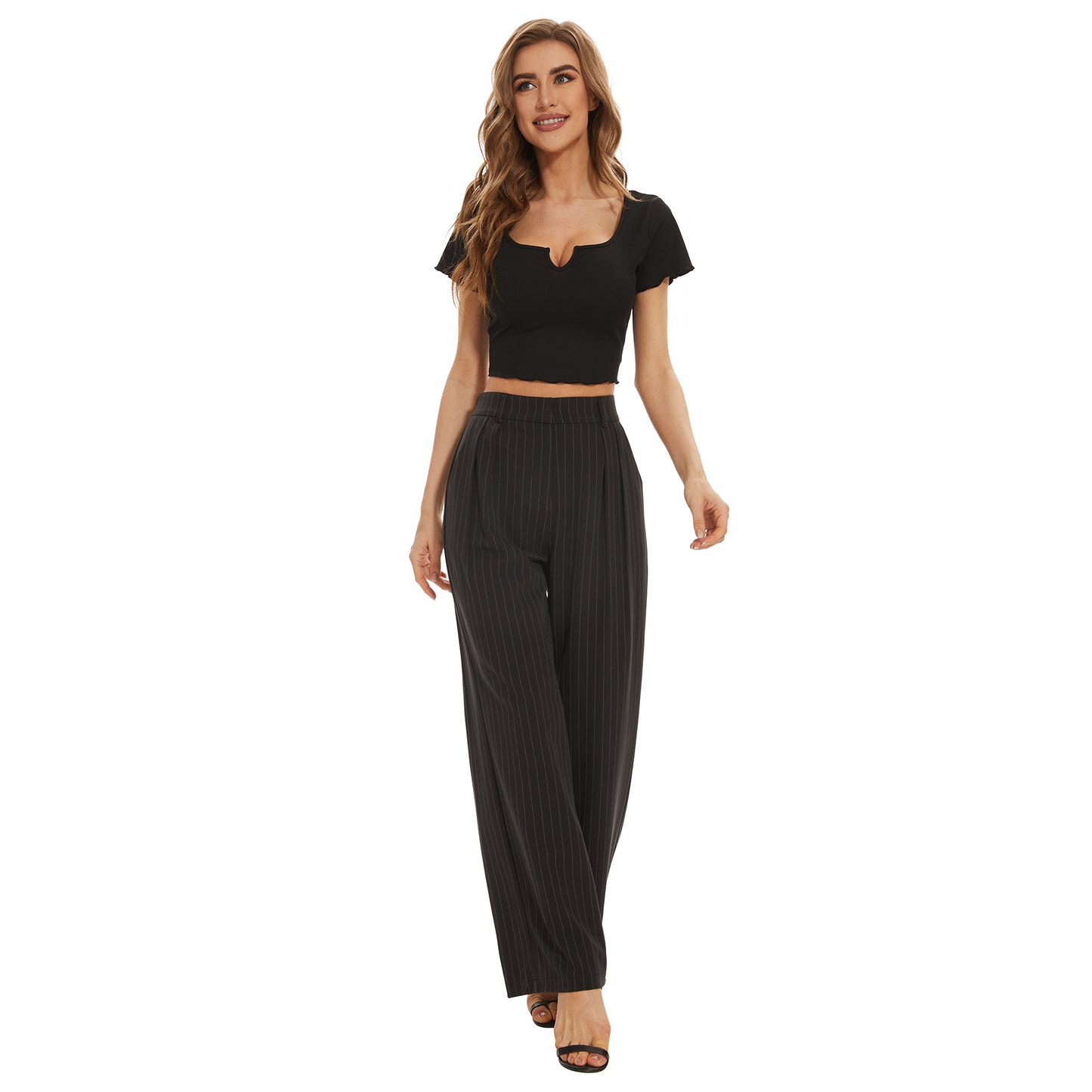 Women's Casual Striped High Waisted Wide Leg Pants Elastic Waist Loose Fit Trousers