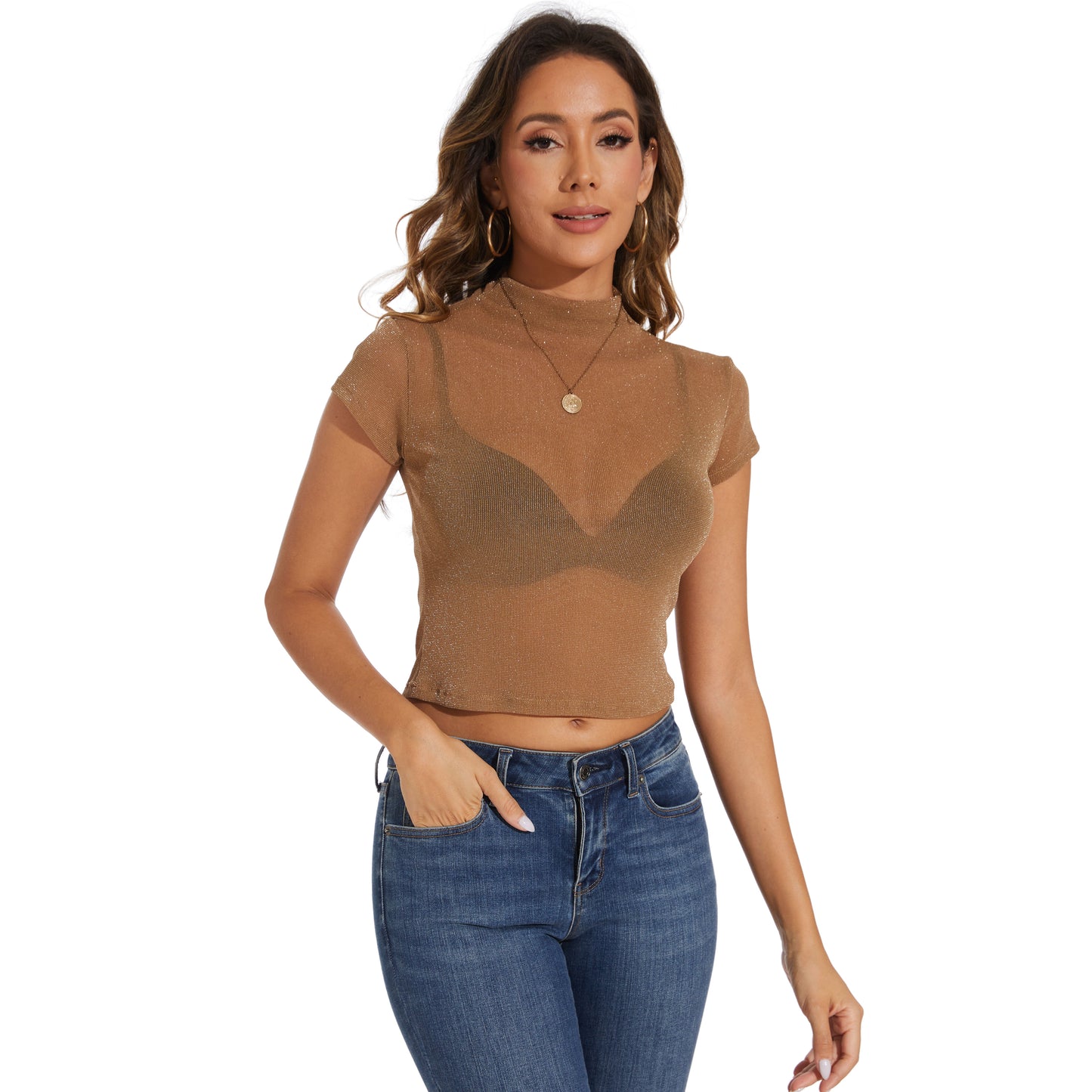 Women See-Through Sleeve Shining Mock Neck Tshirt Tops