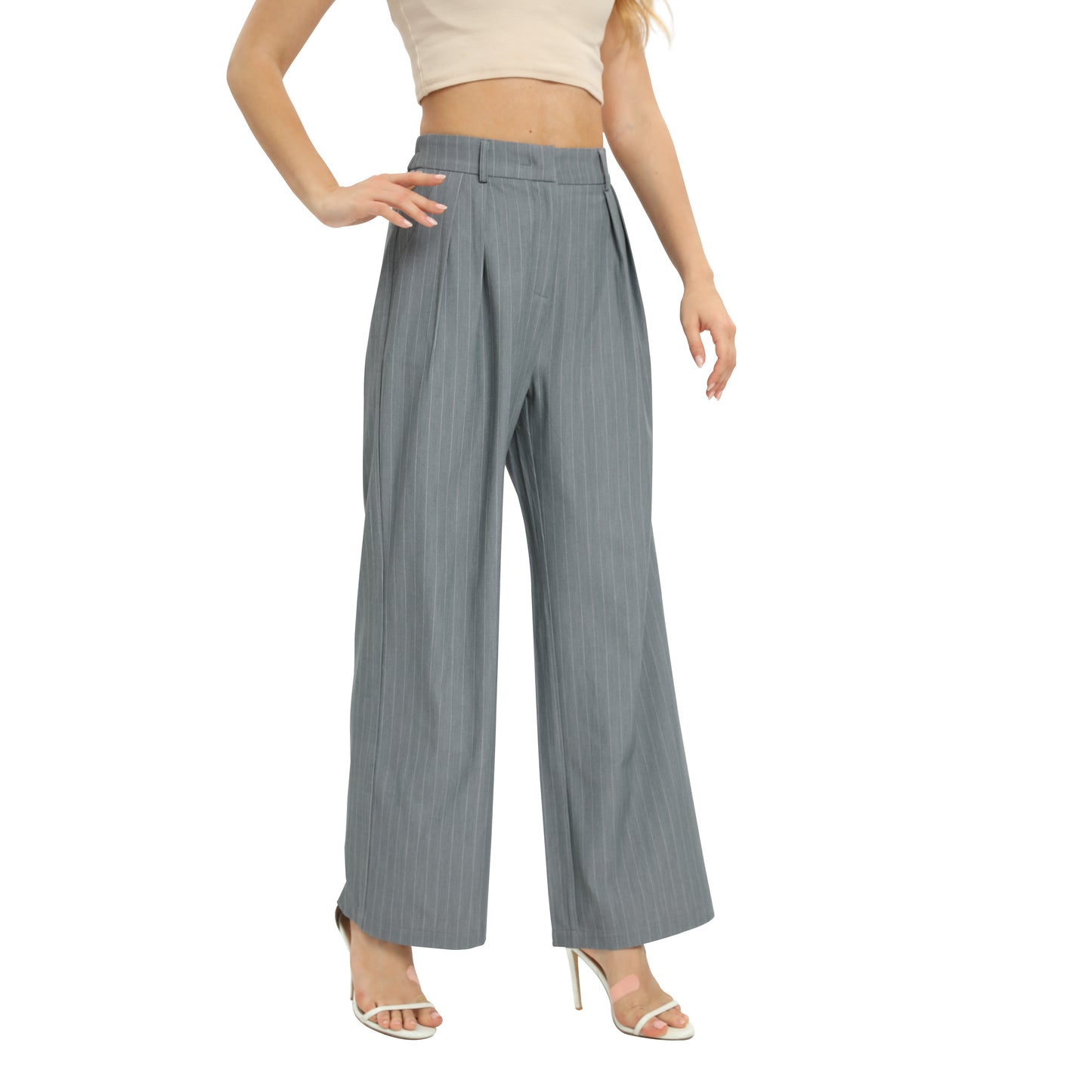 Women's Casual Striped High Waisted Wide Leg Pants Elastic Waist Loose Fit Trousers