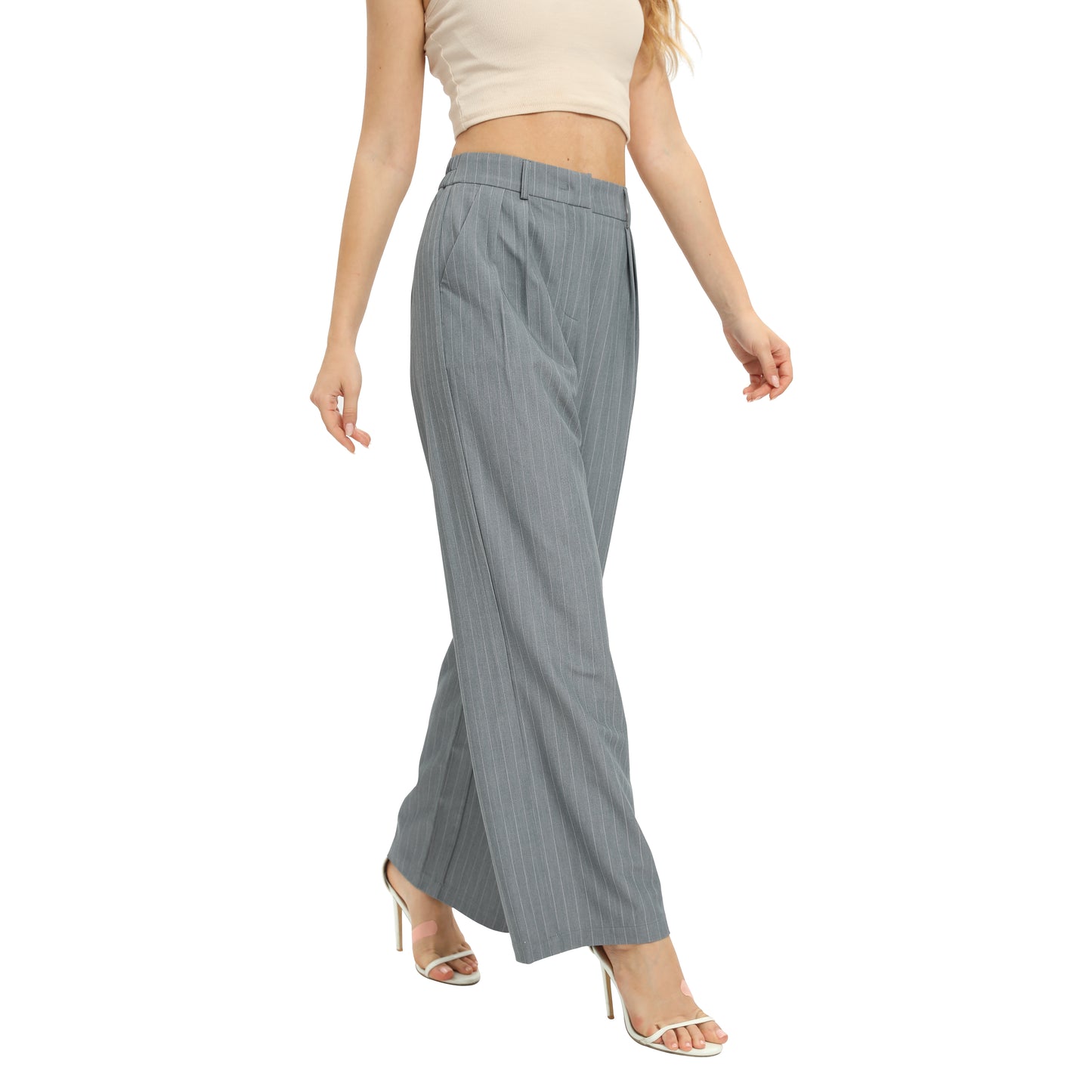 Women's Casual Striped High Waisted Wide Leg Pants Elastic Waist Loose Fit Trousers