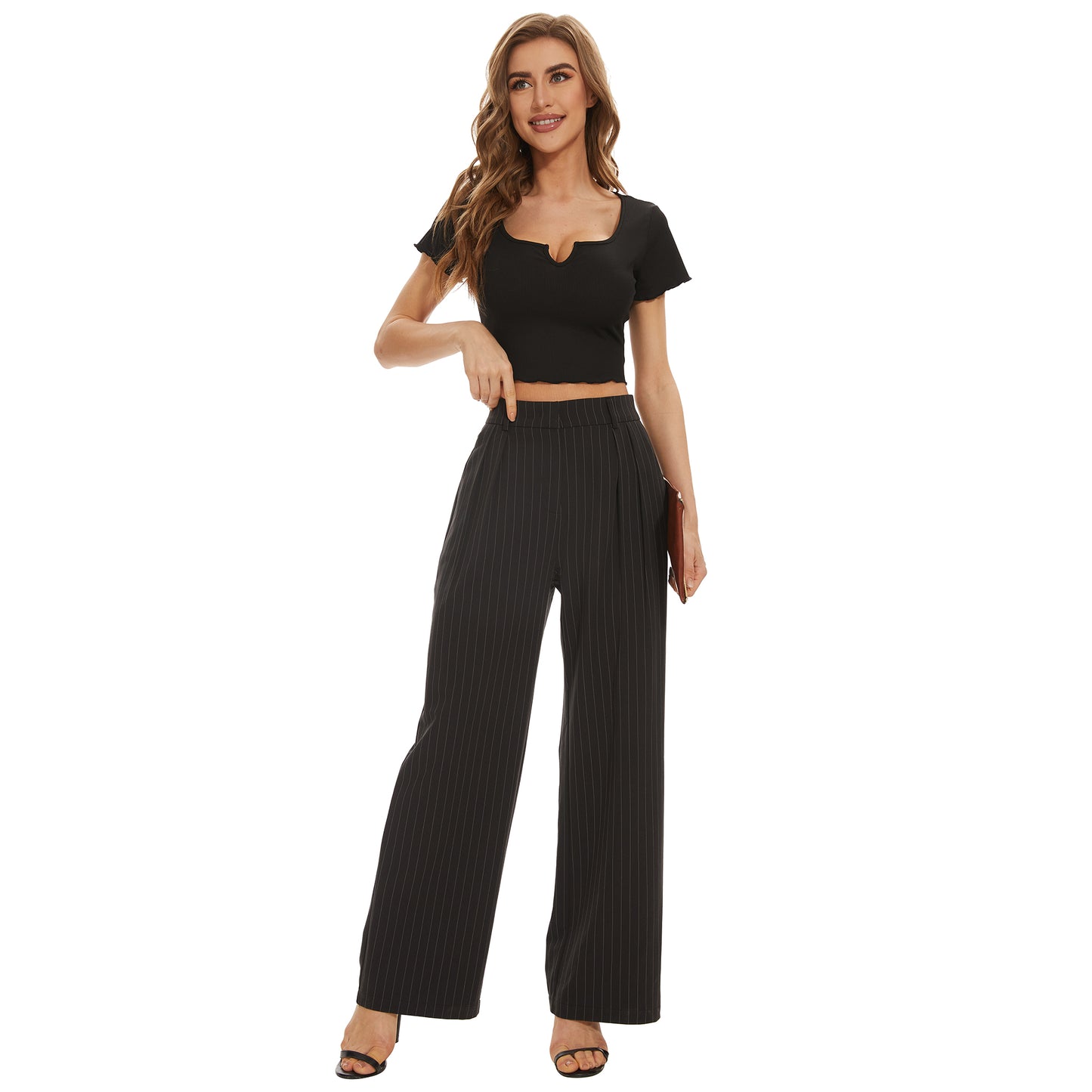 Women's Casual Striped High Waisted Wide Leg Pants Elastic Waist Loose Fit Trousers