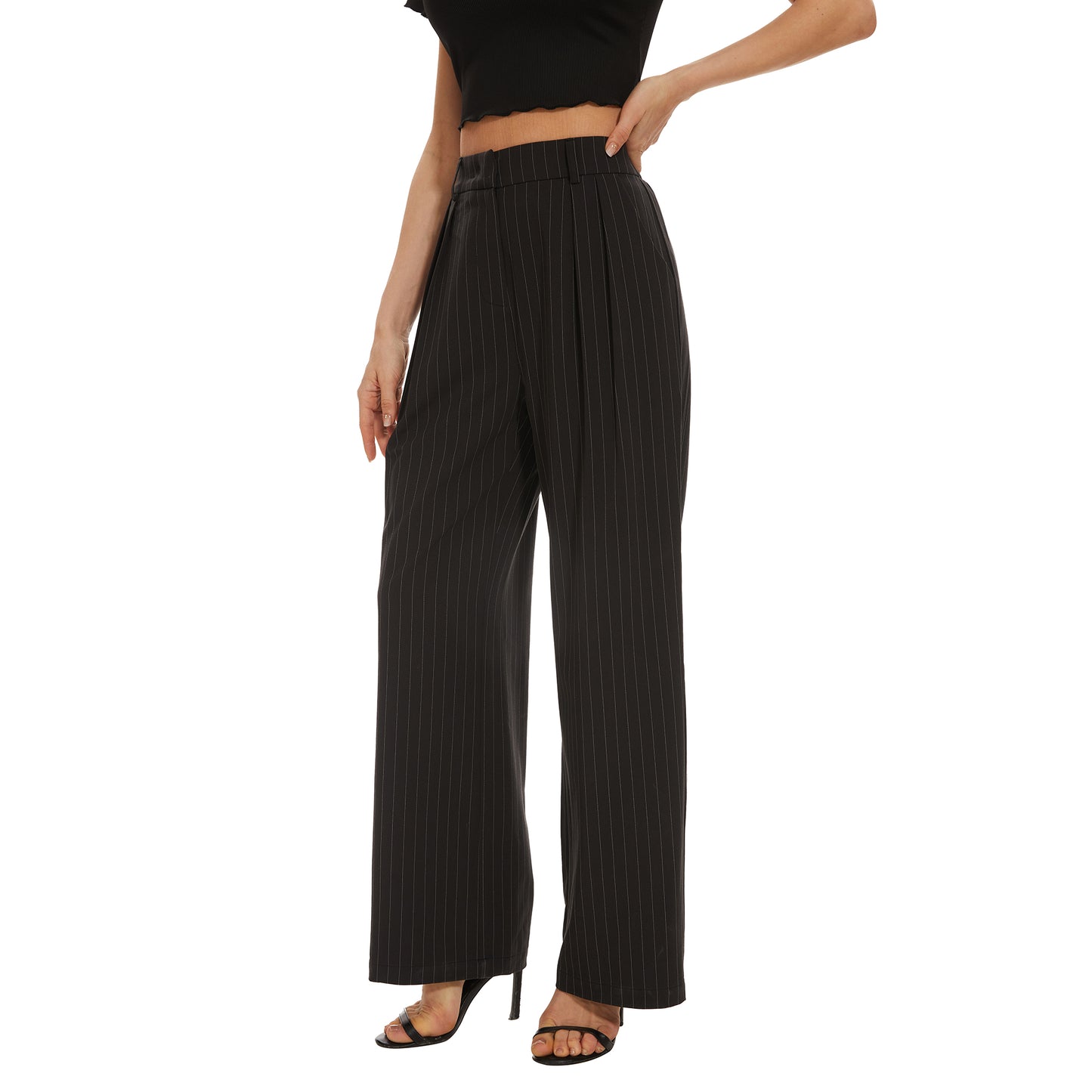 Women's Casual Striped High Waisted Wide Leg Pants Elastic Waist Loose Fit Trousers