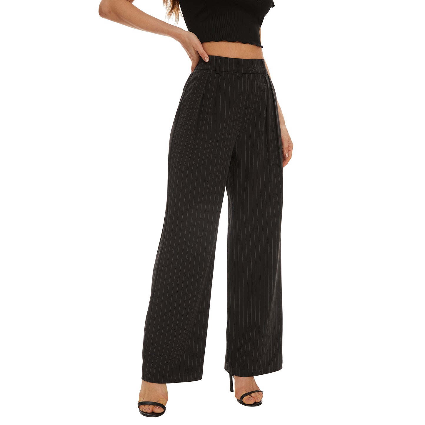 Women's Casual Striped High Waisted Wide Leg Pants Elastic Waist Loose Fit Trousers