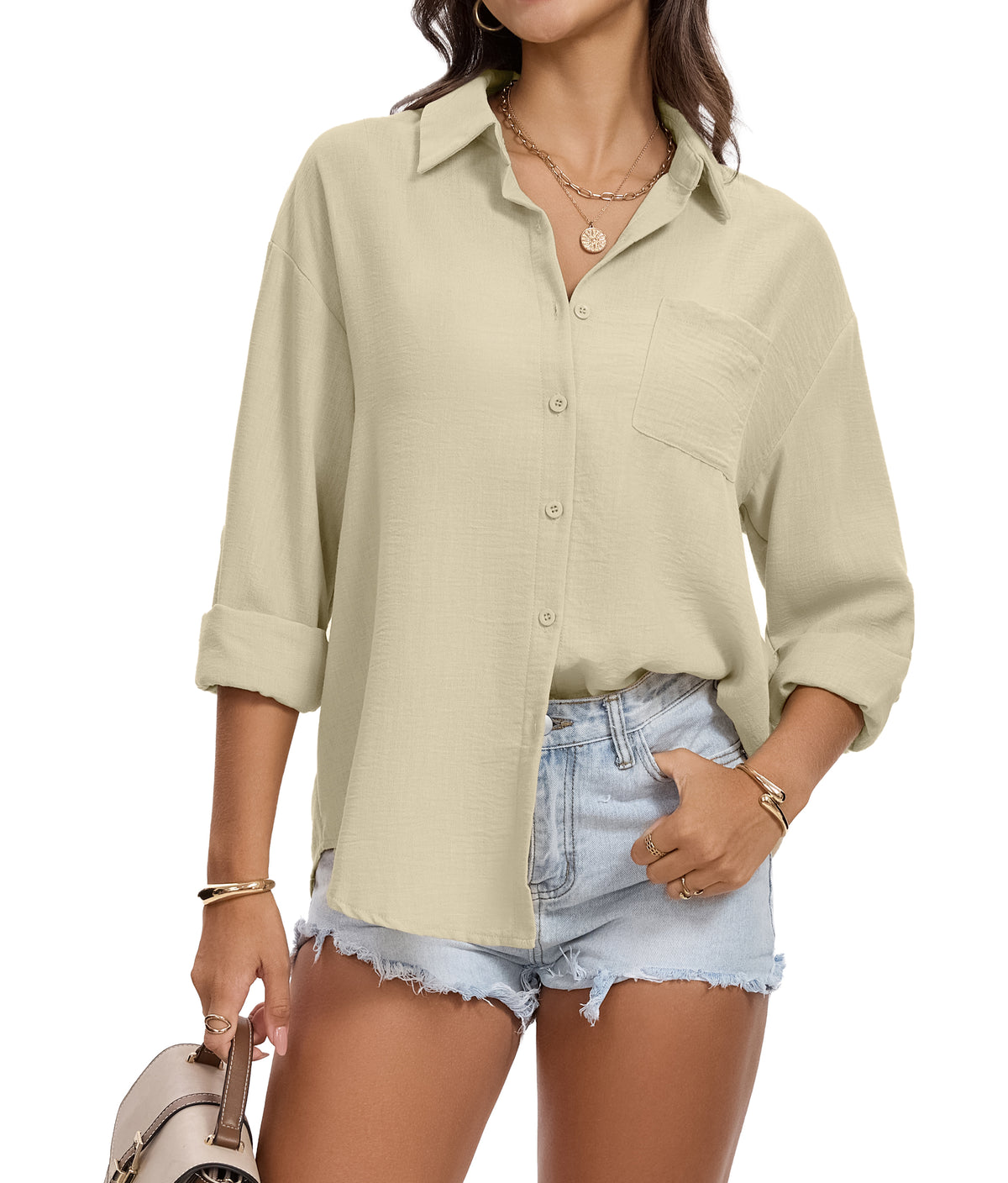 KICZOY Womens Button Down Shirts Linen Feel Casual Loose Long Sleeve Blouse