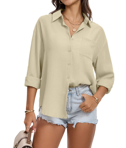 KICZOY Womens Button Down Shirts Linen Feel Casual Loose Long Sleeve Blouse