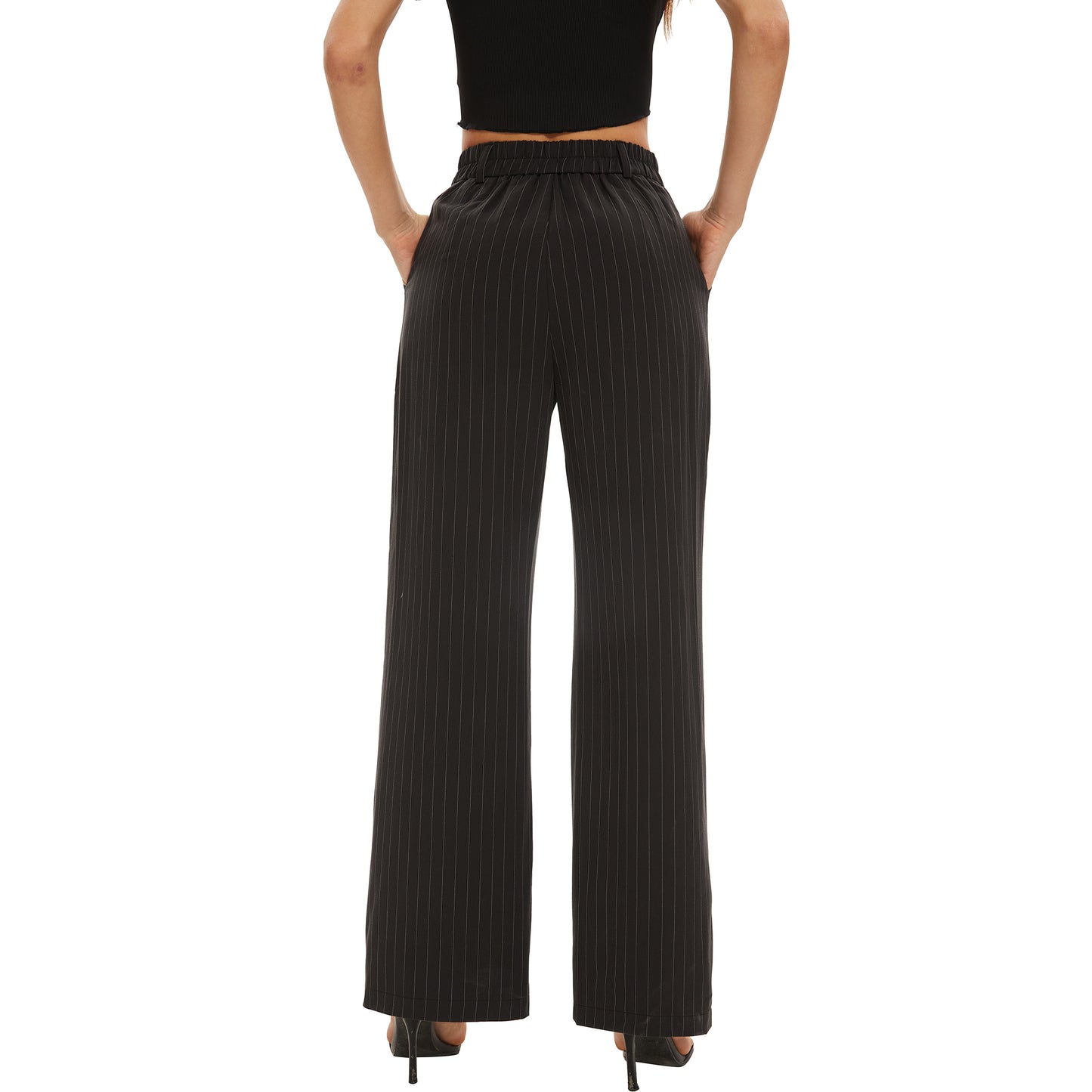 Women's Casual Striped High Waisted Wide Leg Pants Elastic Waist Loose Fit Trousers