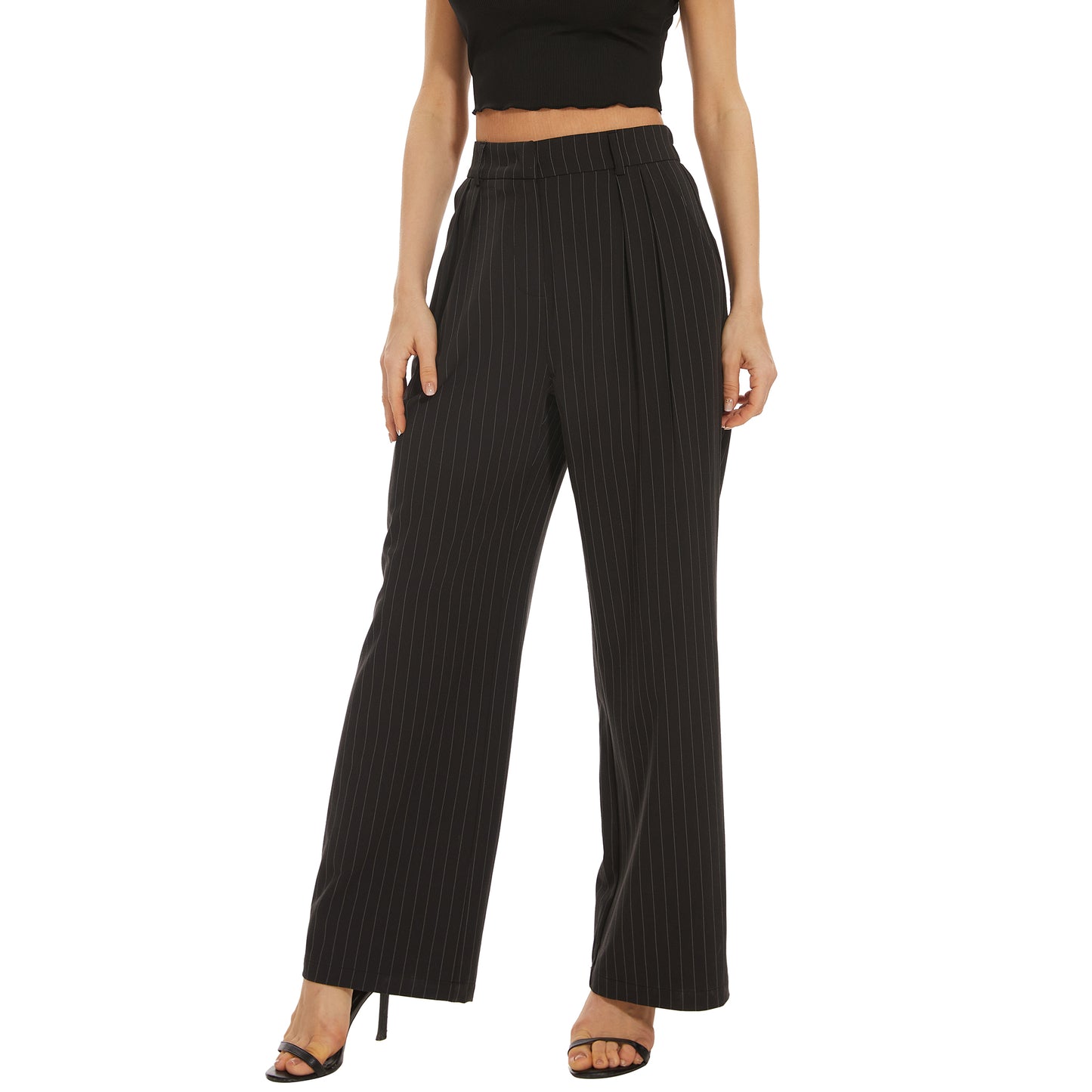 Women's Casual Striped High Waisted Wide Leg Pants Elastic Waist Loose Fit Trousers