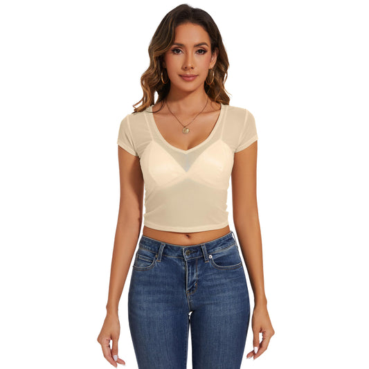 See Through Women's Short Sleeve Sheer Mesh Crop Tops V-Neck T-Shirt