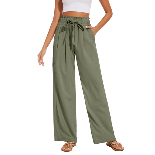 Women Pants Elastic Waist Wide Leg Trousers with Pockets Paperbag Beach Pants