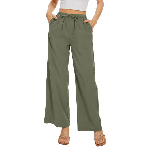 Beach Flowy Pants for Women Elastic Waist Wide Leg Palazzo Trousers Loose Fit with Pockets