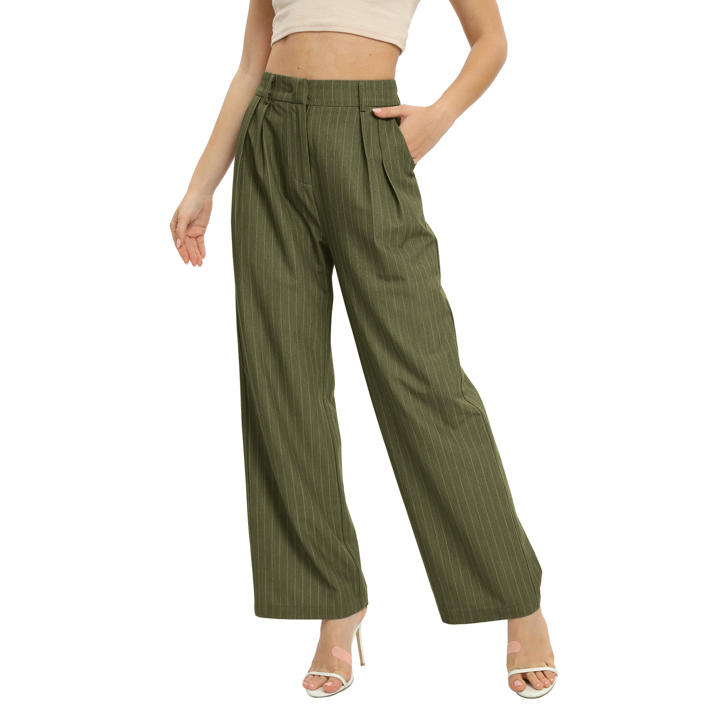 Women's Casual Striped High Waisted Wide Leg Pants Elastic Waist Loose Fit Trousers