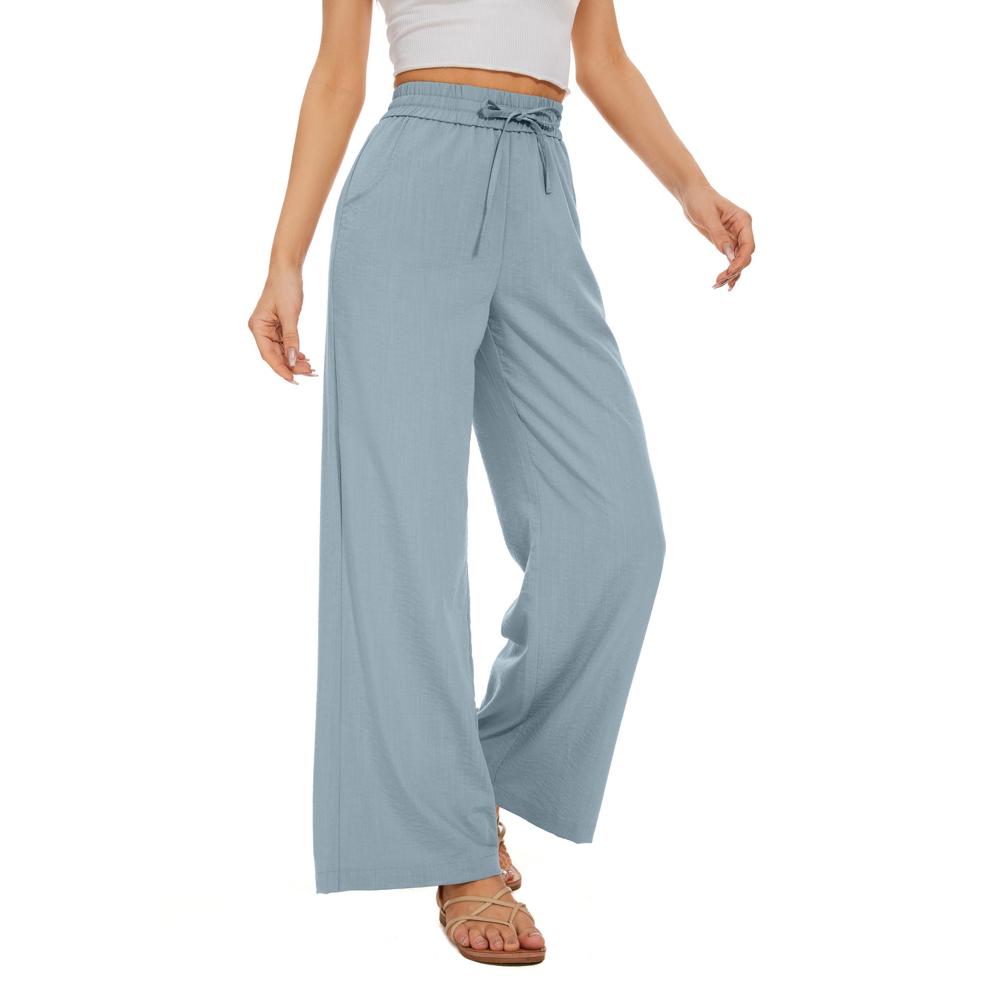 Flowy Pants Drawstring Waist Wide Leg Palazzo Beach Pants Loose Fit with Pockets