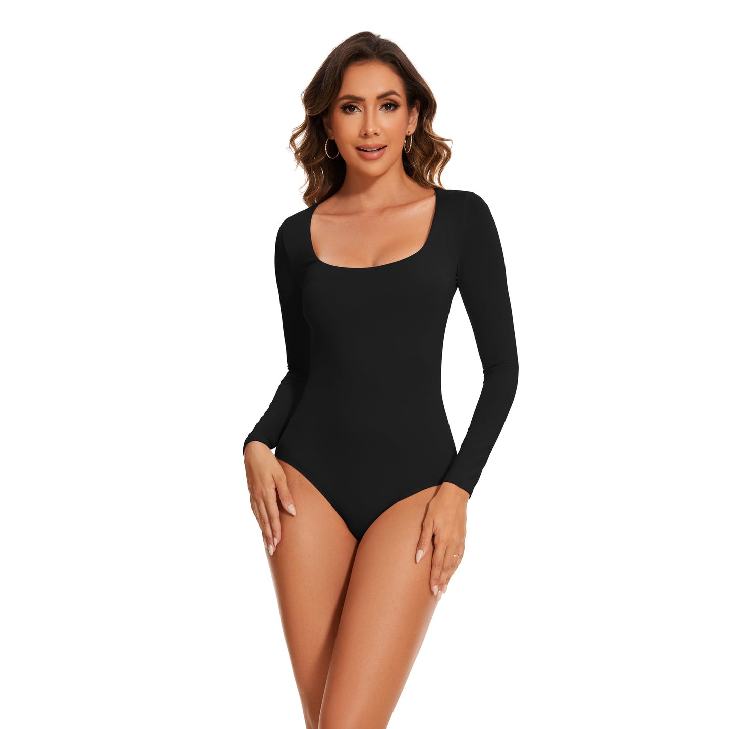 Womens Plicated Square Neck Mesh Long Sleeve Bodysuit Tops