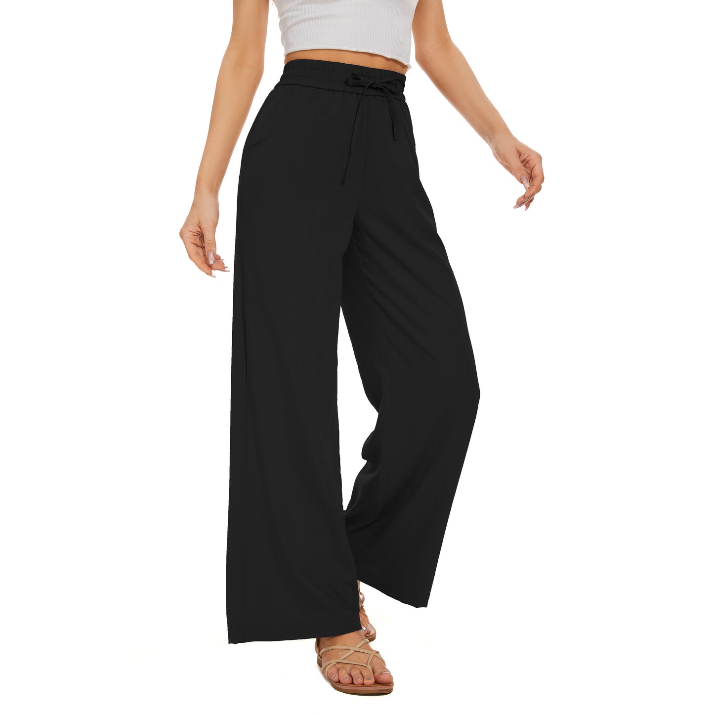 Flowy Pants Drawstring Waist Wide Leg Palazzo Beach Pants Loose Fit with Pockets