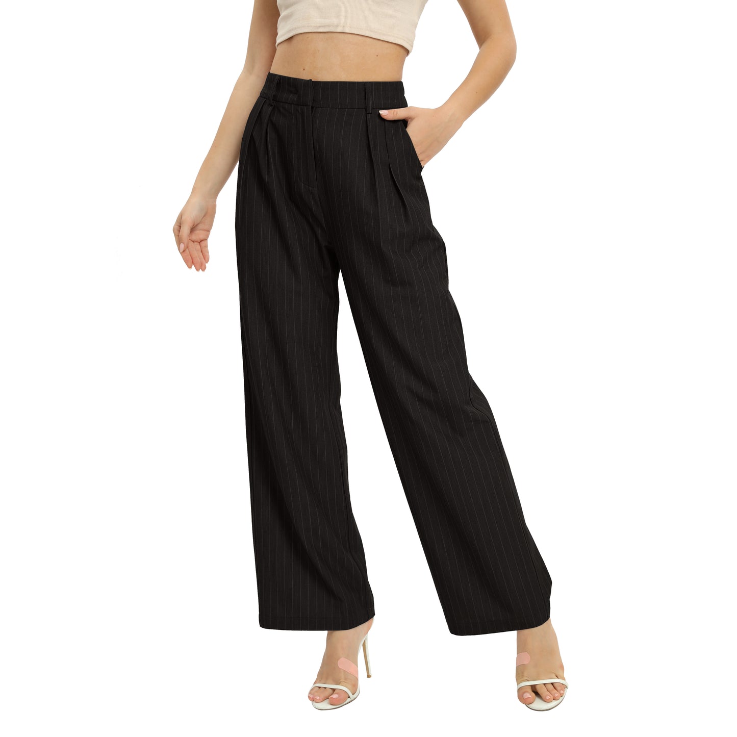 Women's Casual Striped High Waisted Wide Leg Pants Elastic Waist Loose Fit Trousers