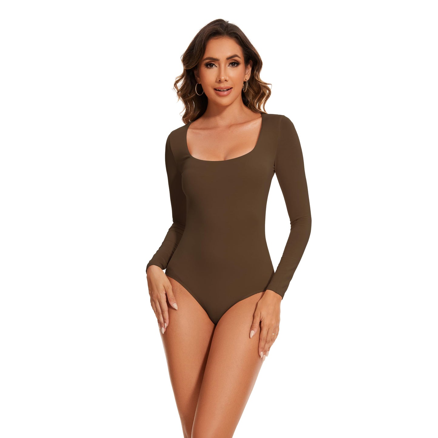 Womens Plicated Square Neck Mesh Long Sleeve Bodysuit Tops