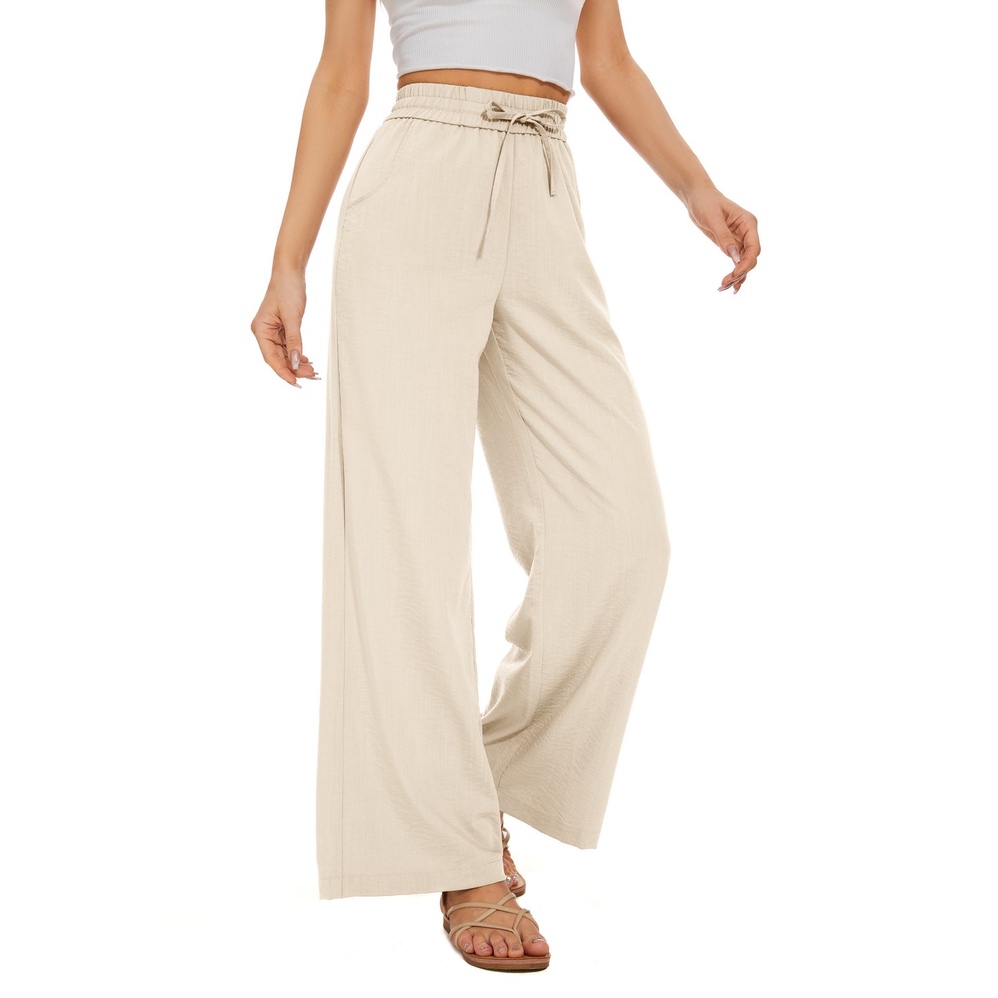 Flowy Pants Drawstring Waist Wide Leg Palazzo Beach Pants Loose Fit with Pockets