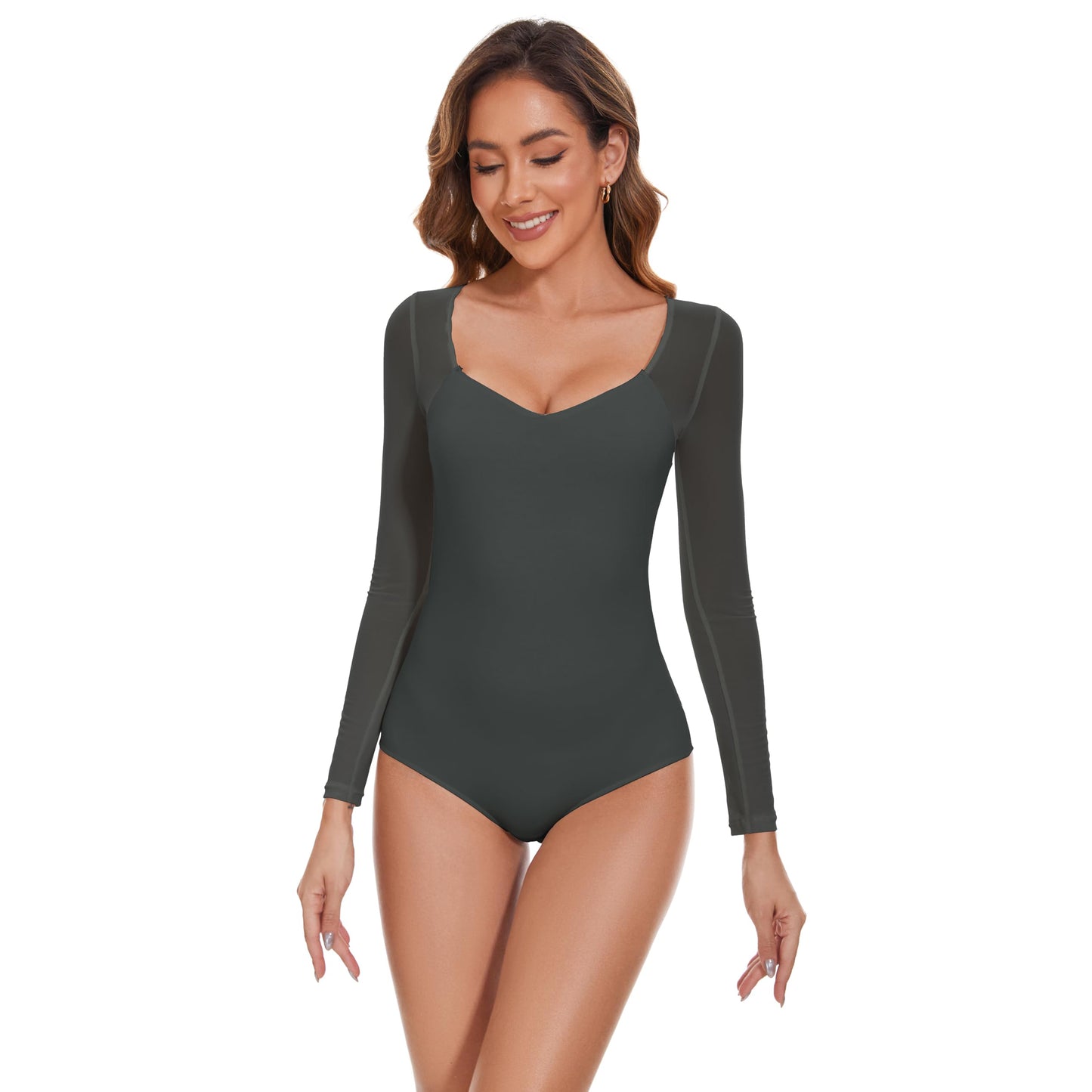 Womens Plicated V Neck Mesh Long Sleeve Bodysuit Tops Sexy Outfits Party Shirts