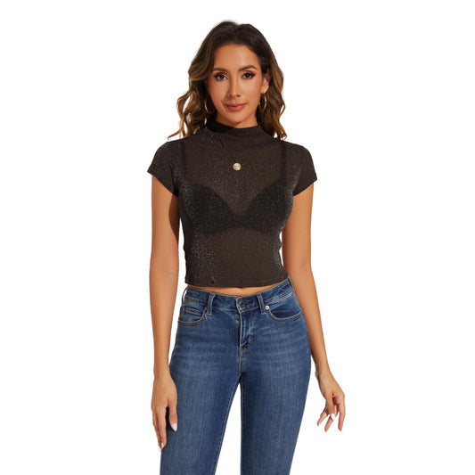 Women See-Through Sleeve Shining Mock Neck Tshirt Tops