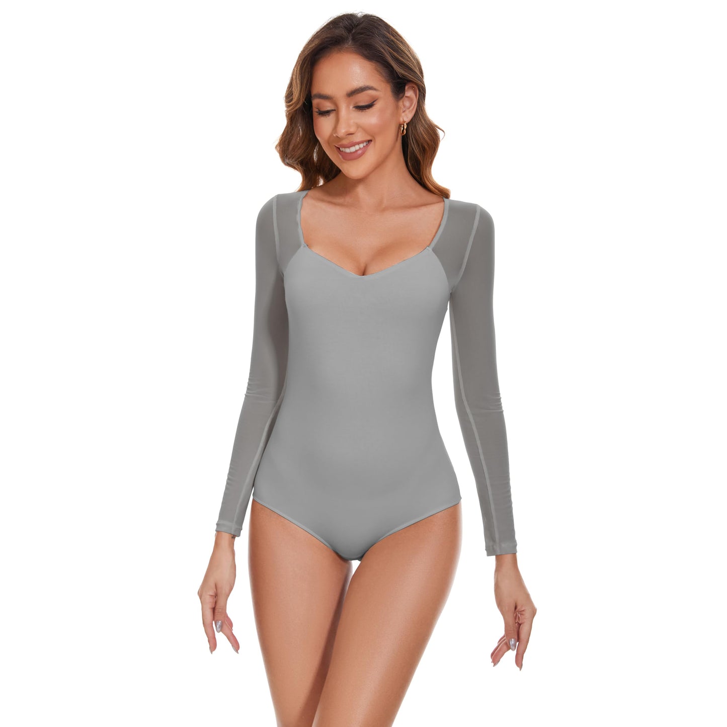 Womens Plicated V Neck Mesh Long Sleeve Bodysuit Tops Sexy Outfits Party Shirts