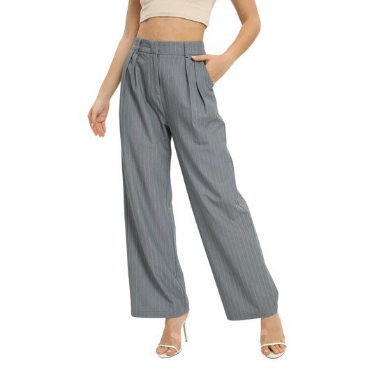 Women's Casual Striped High Waisted Wide Leg Pants Elastic Waist Loose Fit Trousers