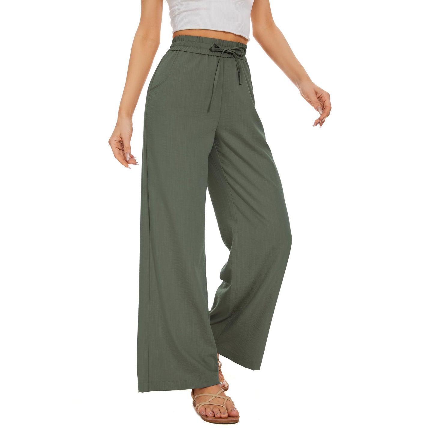 Flowy Pants Drawstring Waist Wide Leg Palazzo Beach Pants Loose Fit with Pockets