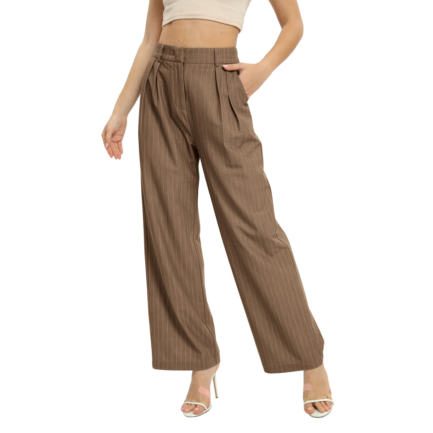 Women's Casual Striped High Waisted Wide Leg Pants Elastic Waist Loose Fit Trousers