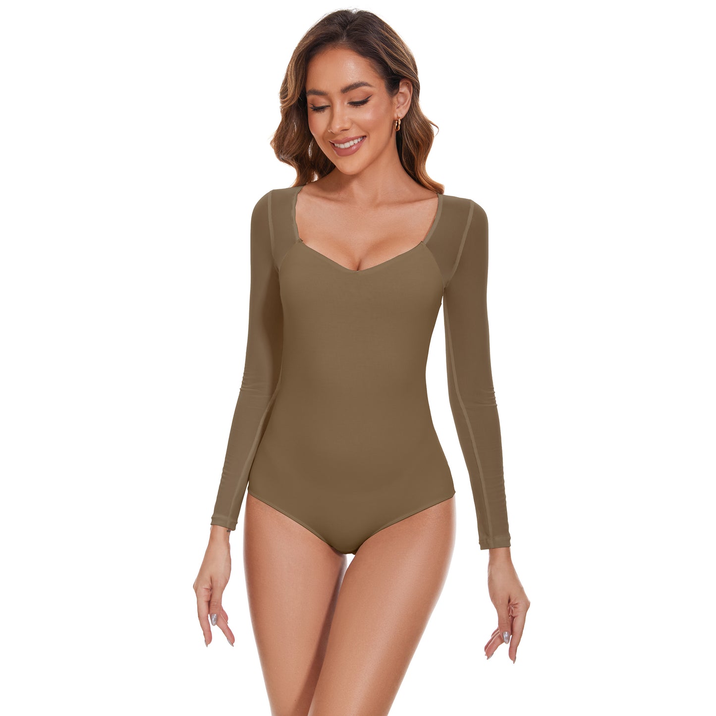 Womens Plicated V Neck Mesh Long Sleeve Bodysuit Tops Sexy Outfits Party Shirts