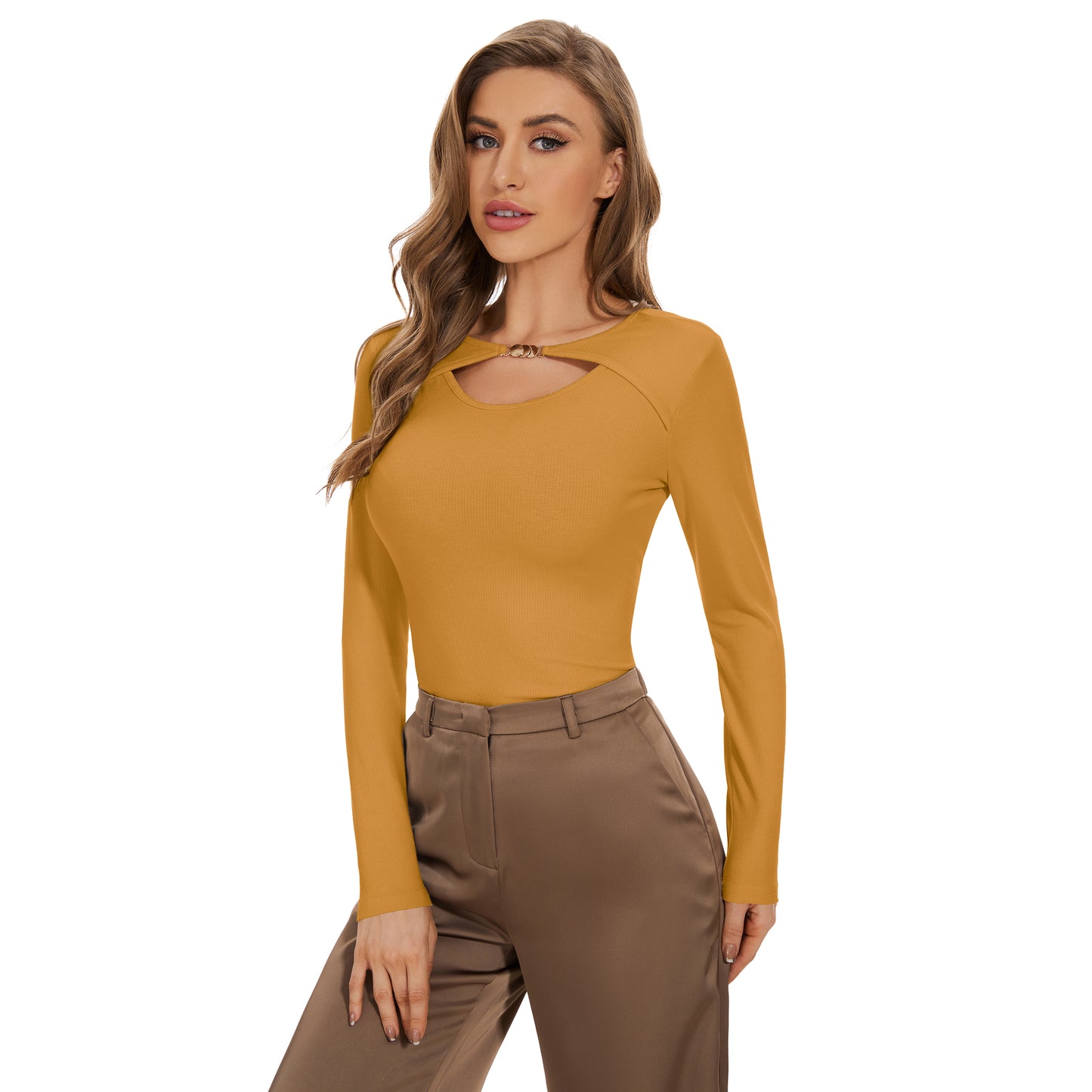 Women's Sexy Basic Slim Fit Cut Out Long Sleeve O Neck T Shirt Tops