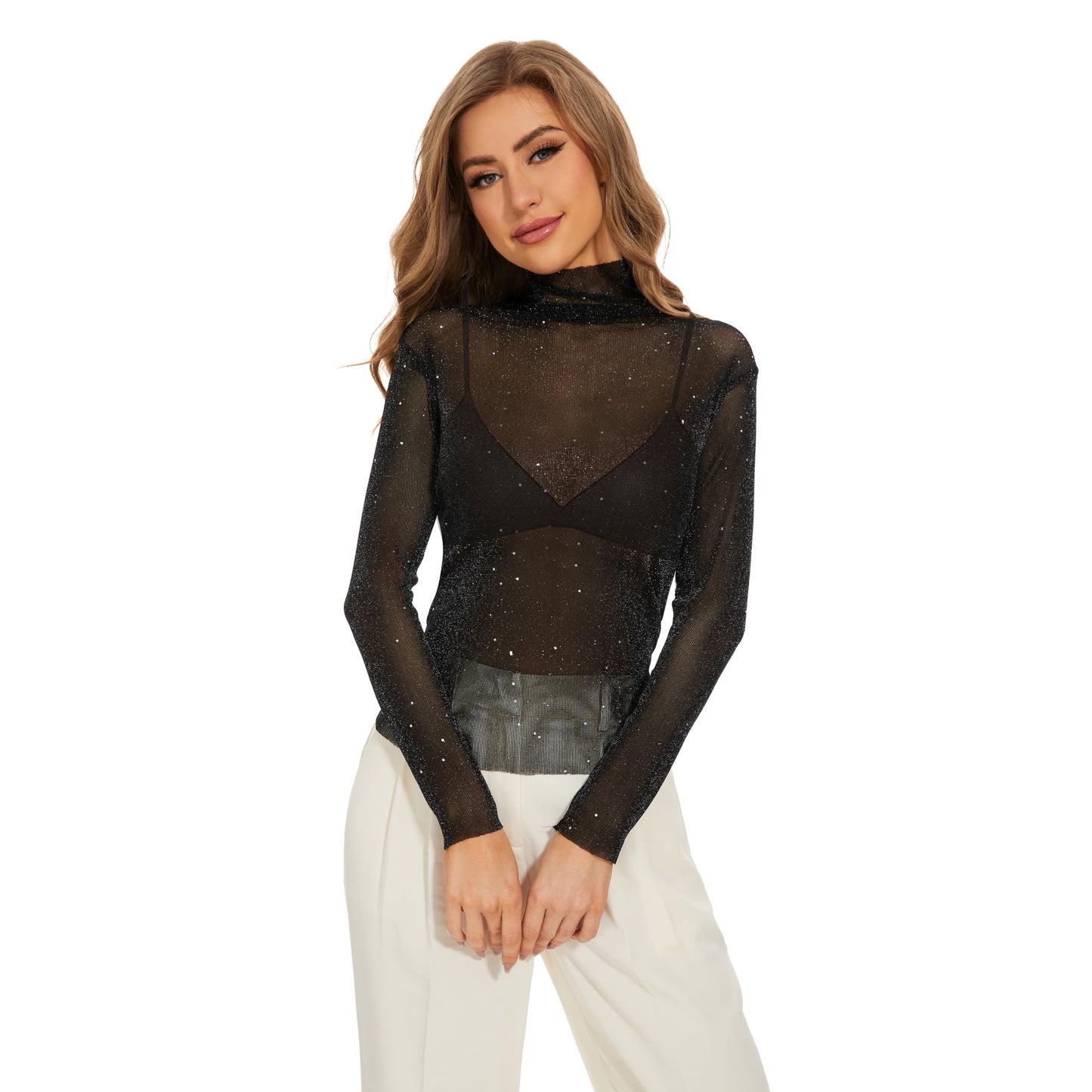 Women's See Through Sequin Tshirt Long Sleeved Glitter Mock Neck collar layered lace Tee Tops