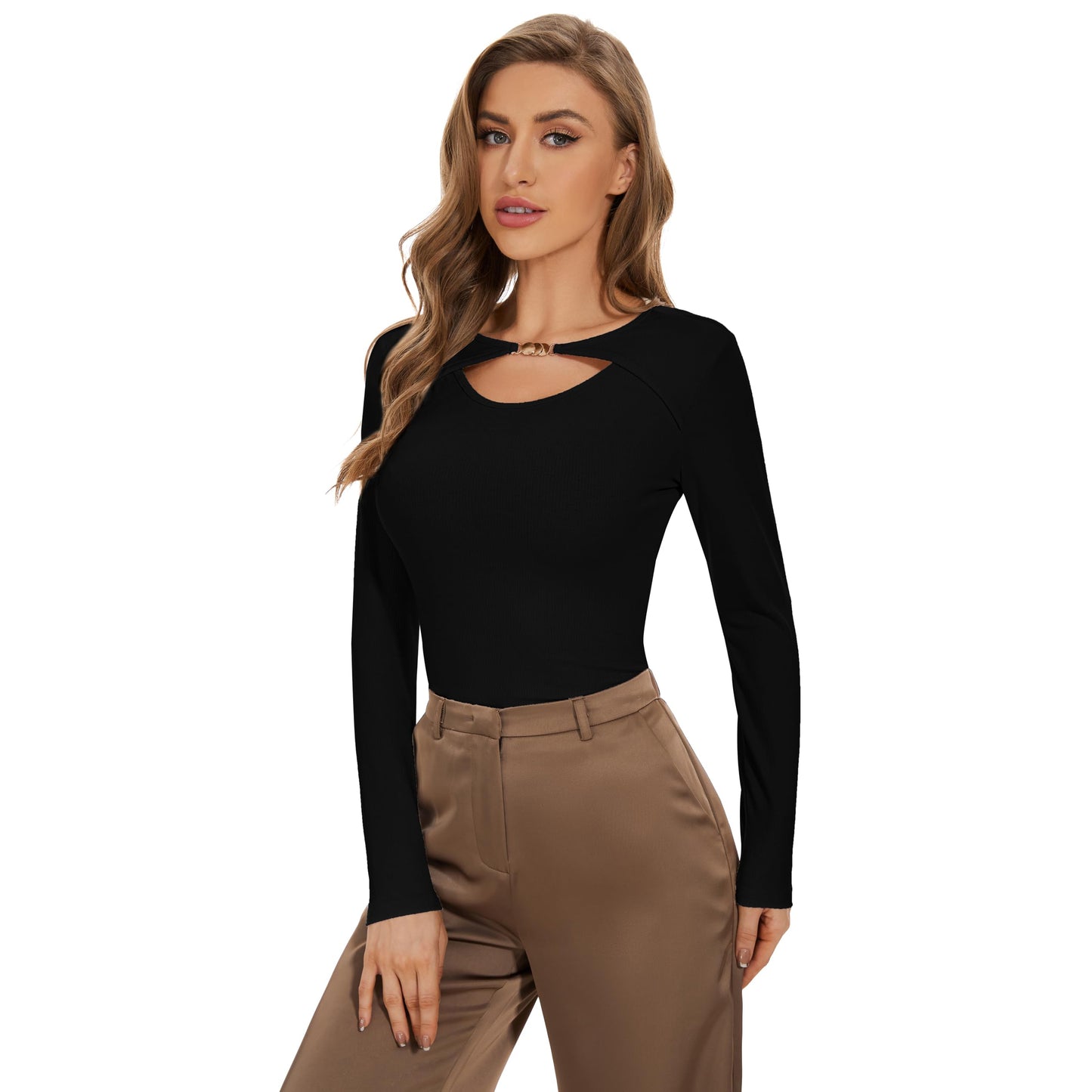 Women's Sexy Basic Slim Fit Cut Out Long Sleeve O Neck T Shirt Tops